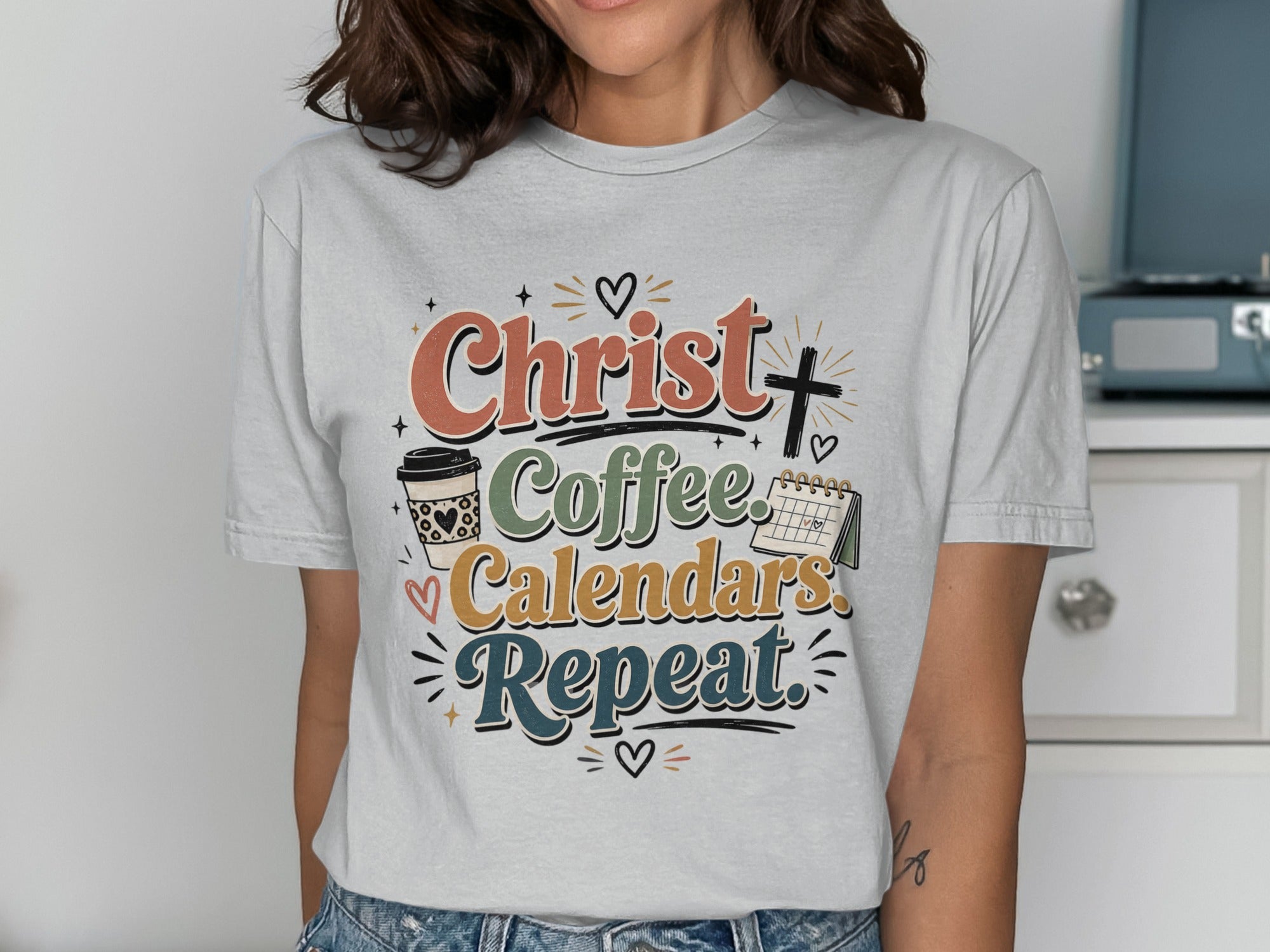Christ Coffee Calendars Repeat text design with coffee cup and calendar icons.
