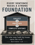 A house diagram shows Subject + Predicate = Complete Sentence, with Bible verse.