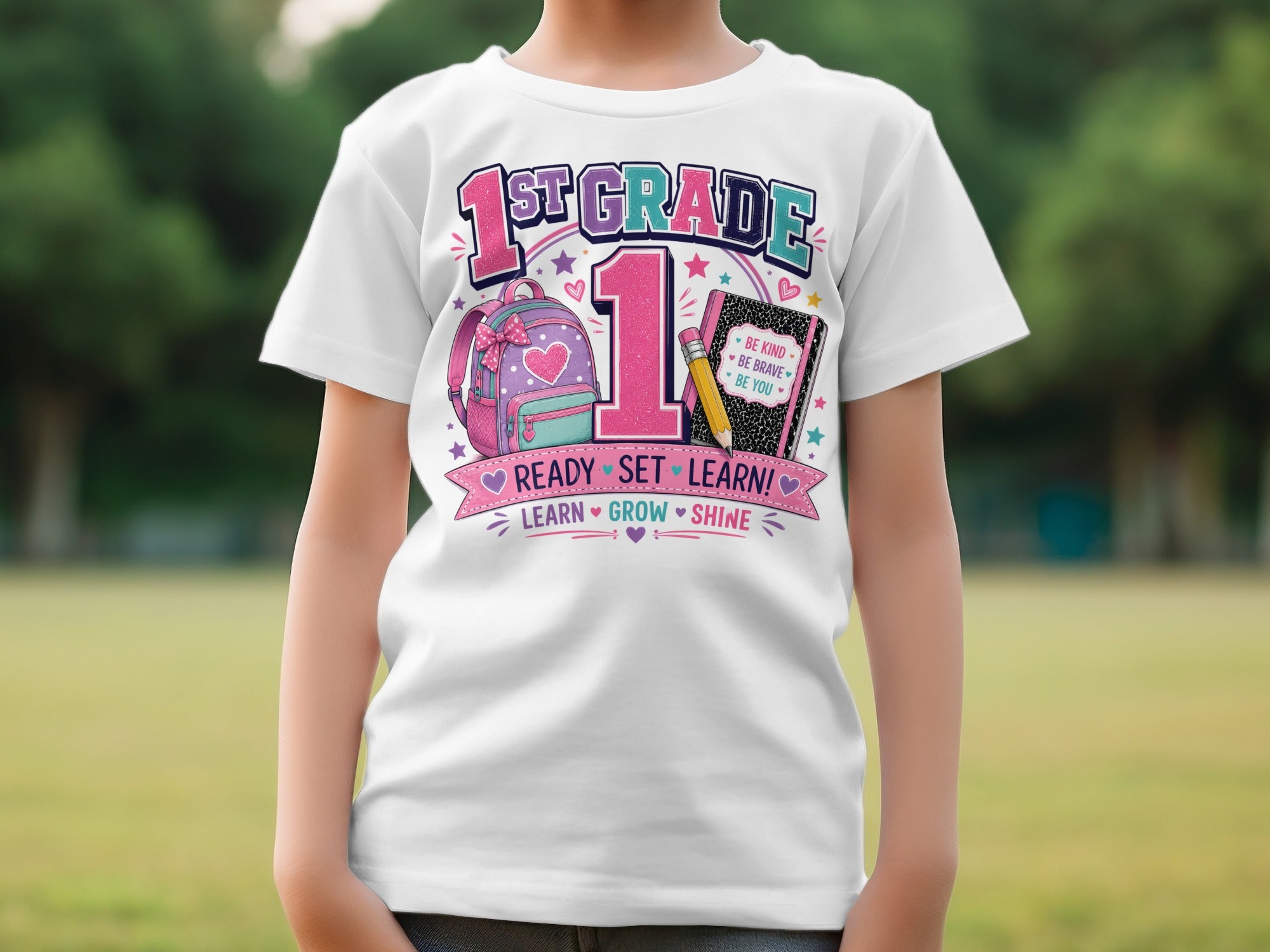 T-shirt for 1st grade with backpack, notebook, and "Ready Set Learn!"