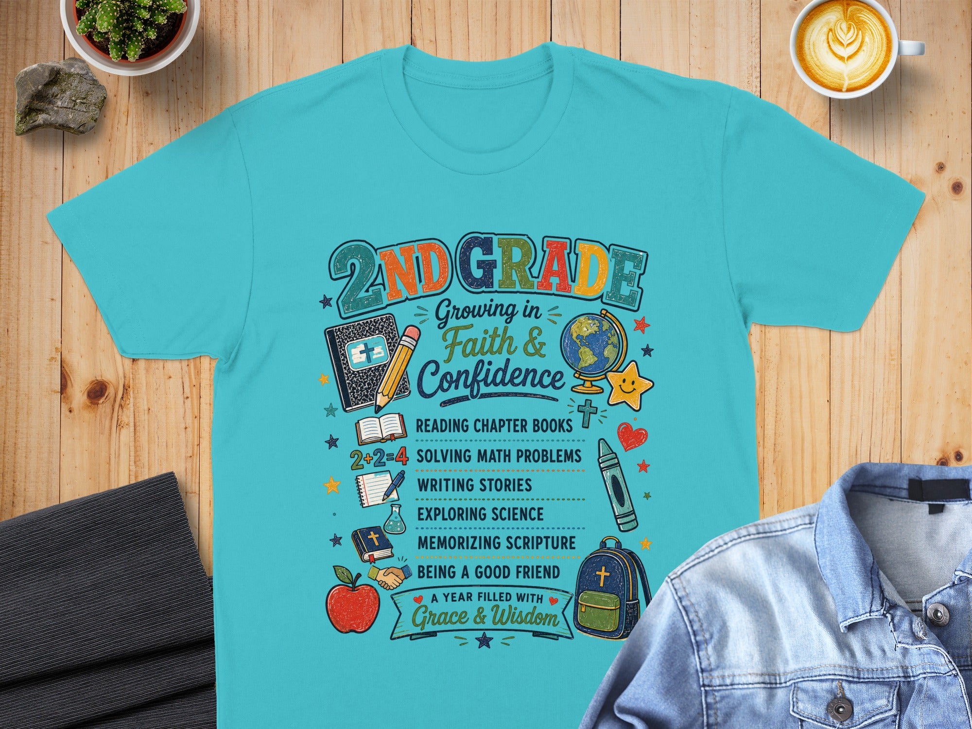 2nd Grade Growing in Faith & Confidence shirt with subjects listed.