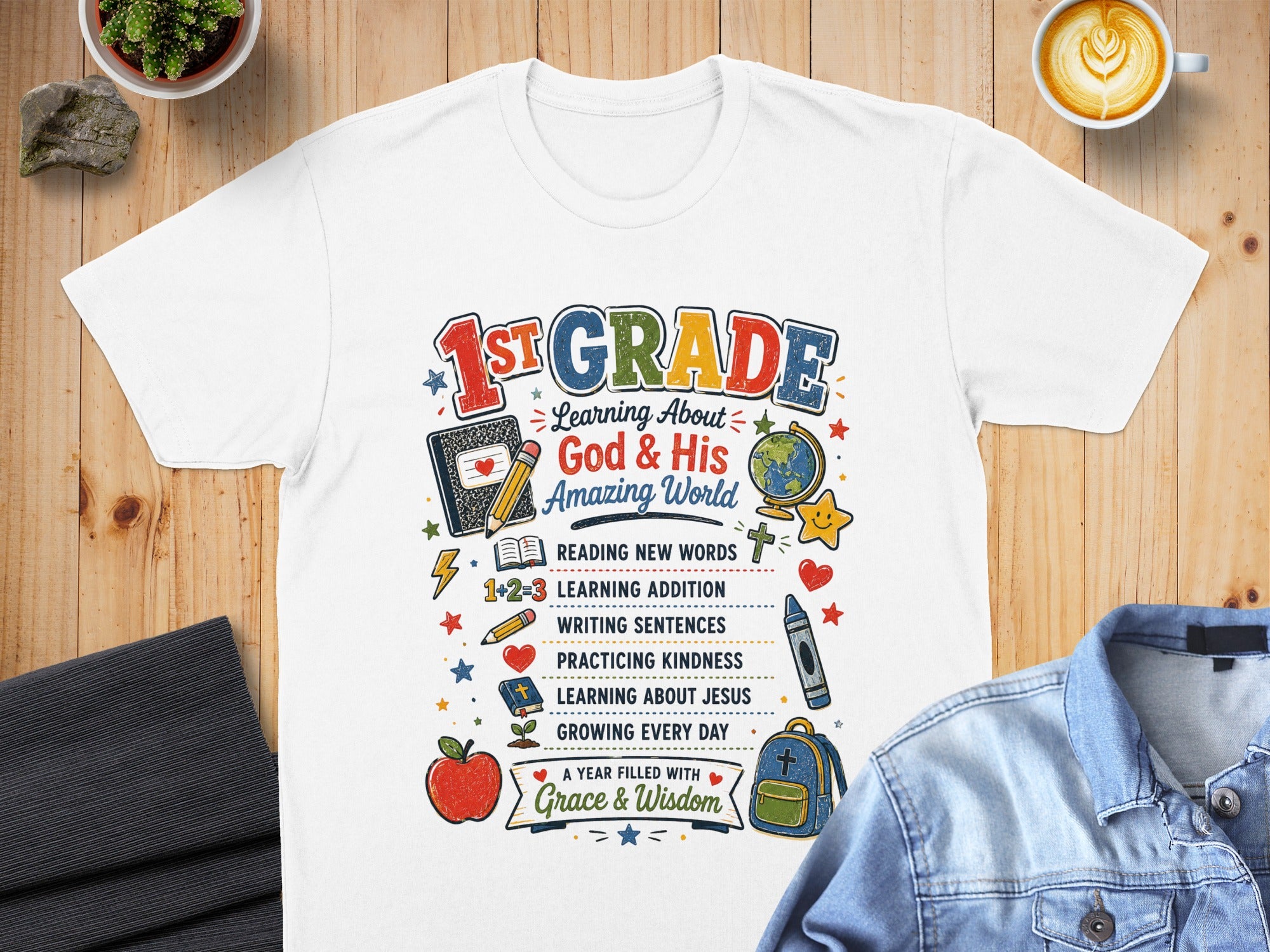 "1st Grade" t-shirt with "God & His Amazing World" and learning list.