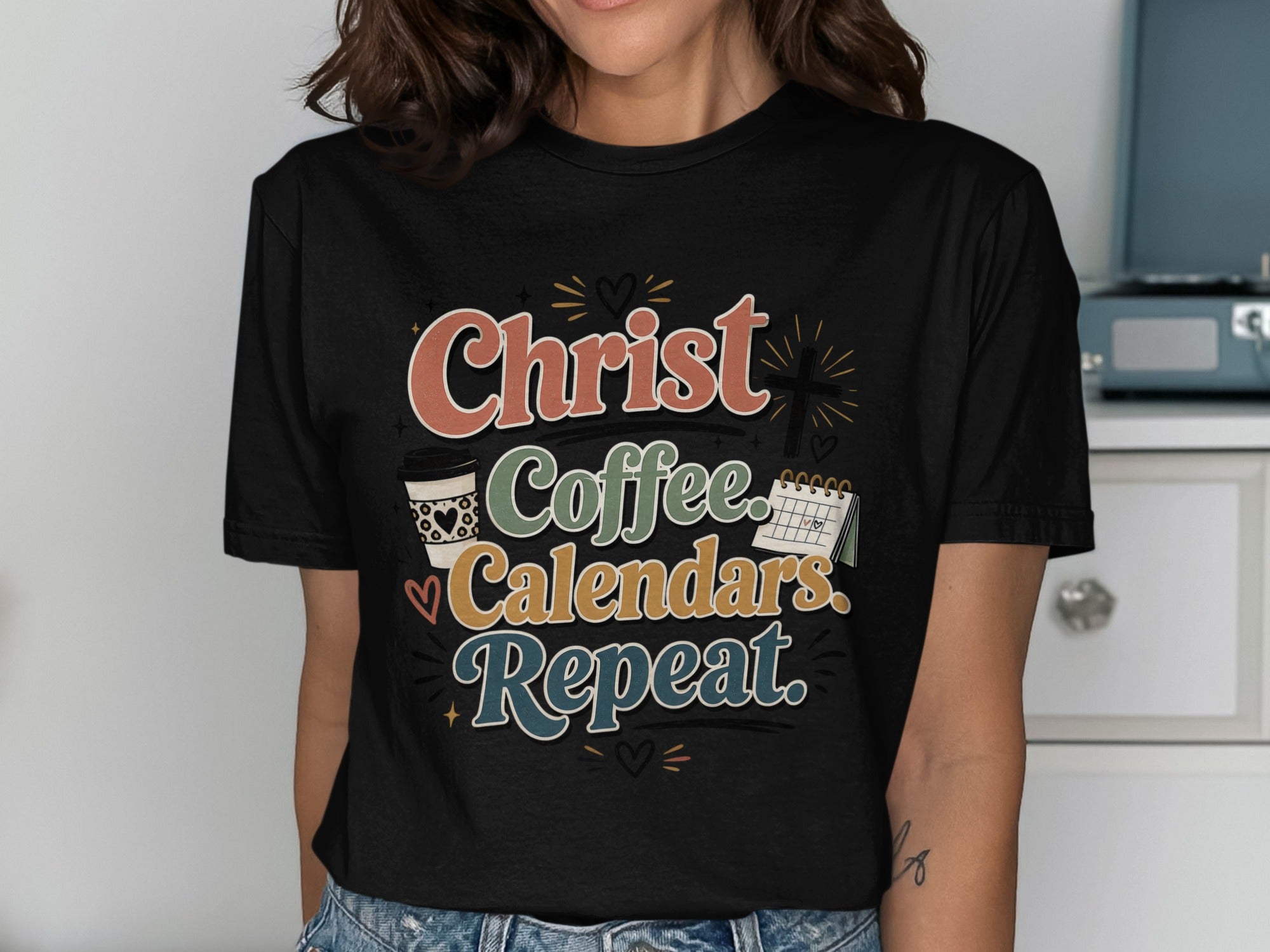 Christ Coffee Calendars Repeat text with coffee cup and calendar graphic.