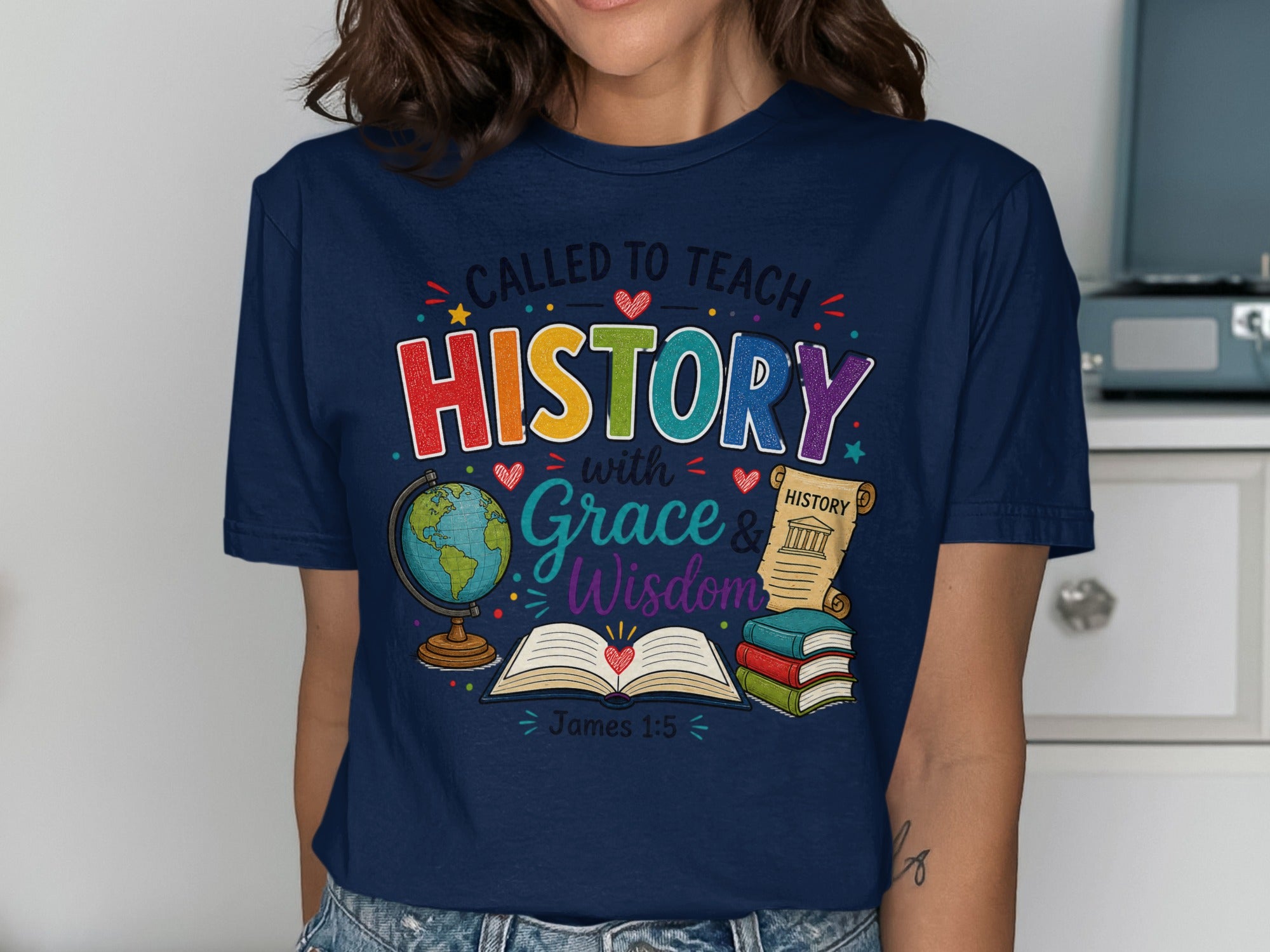 Navy t-shirt with "Called to Teach History with Grace & Wisdom" text.