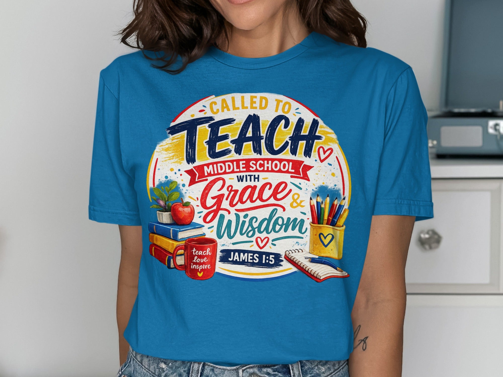 Blue t-shirt with "Called to Teach Middle School with Grace & Wisdom" and scripture.