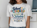 School Counselor Grace & Wisdom quote from James 1:5 on a t-shirt.