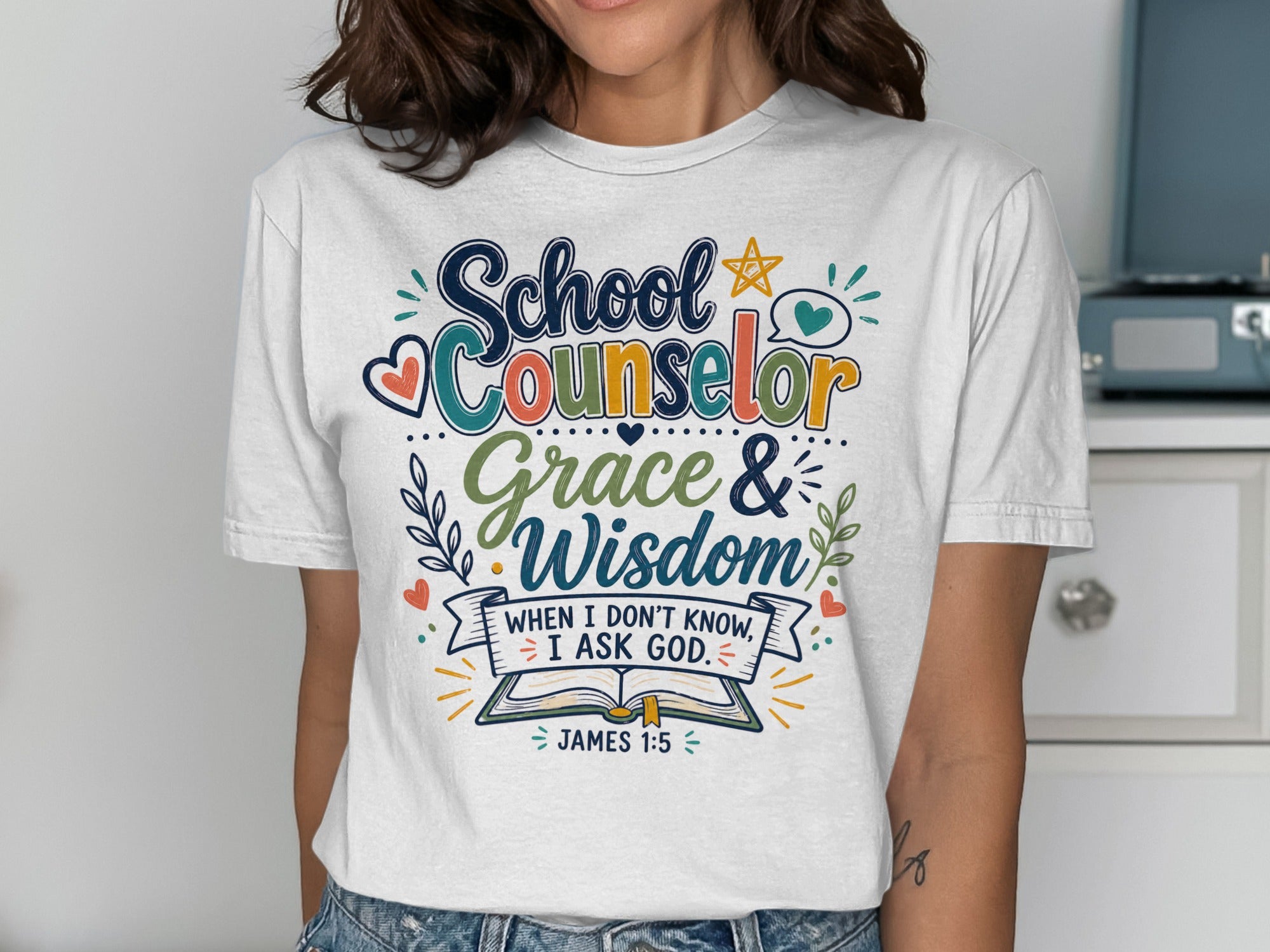 School Counselor Grace & Wisdom quote from James 1:5 on a t-shirt.