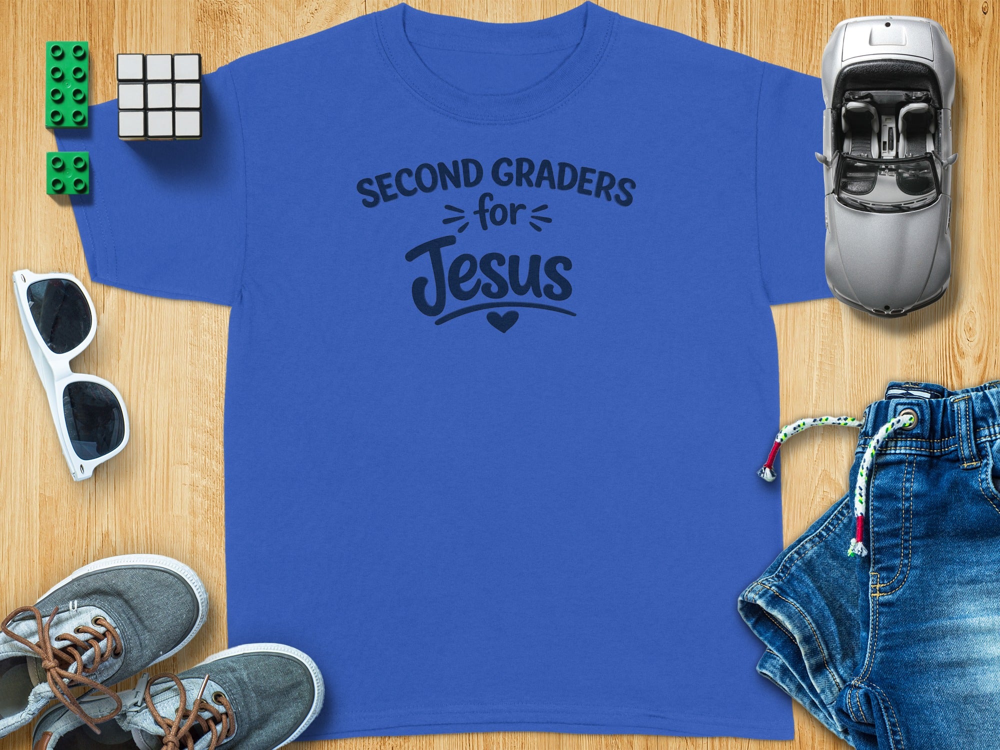 Blue t-shirt with "Second Graders for Jesus" text.