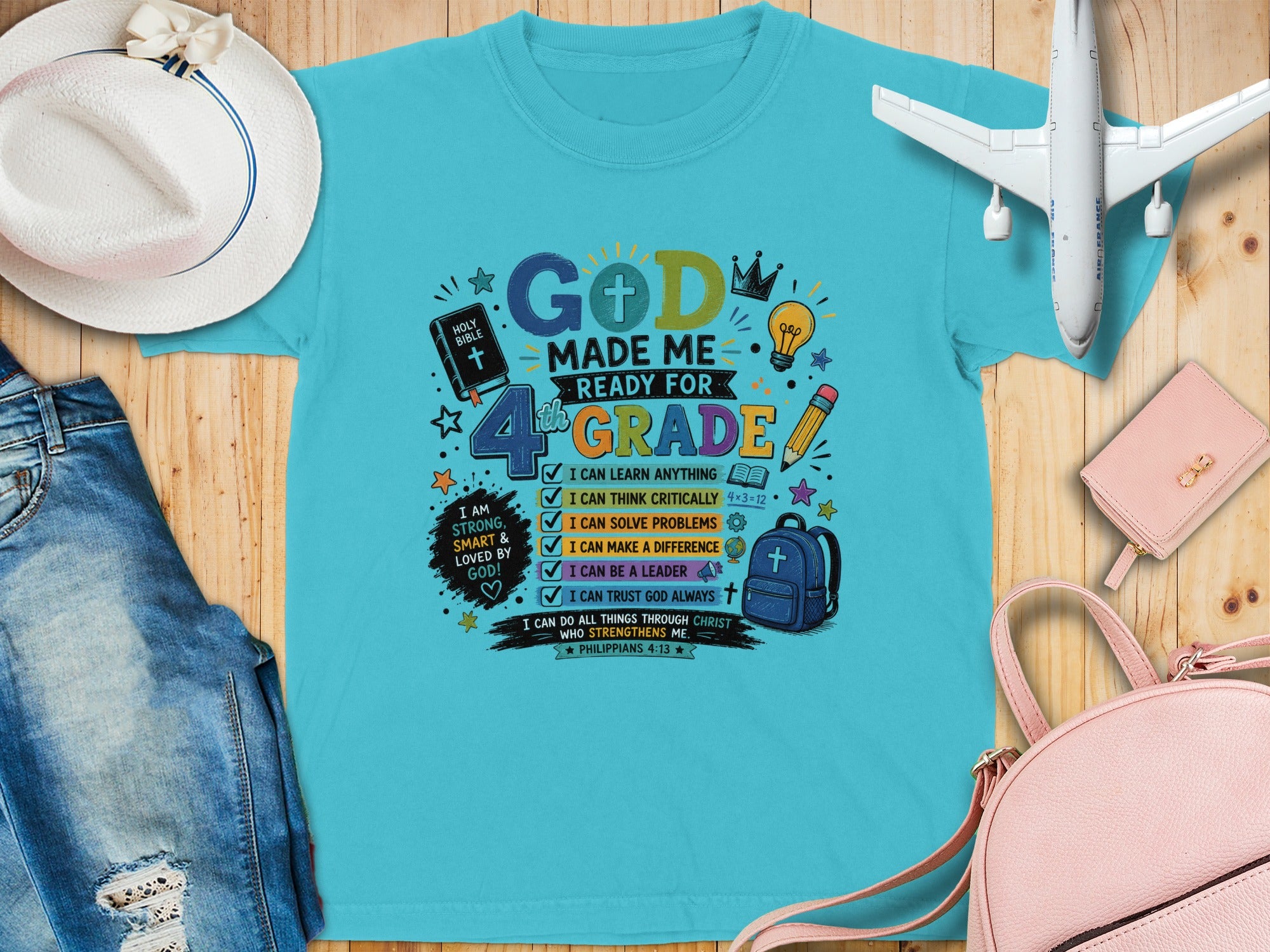 "God Made Me Ready for 4th Grade" text with Bible and school graphics.