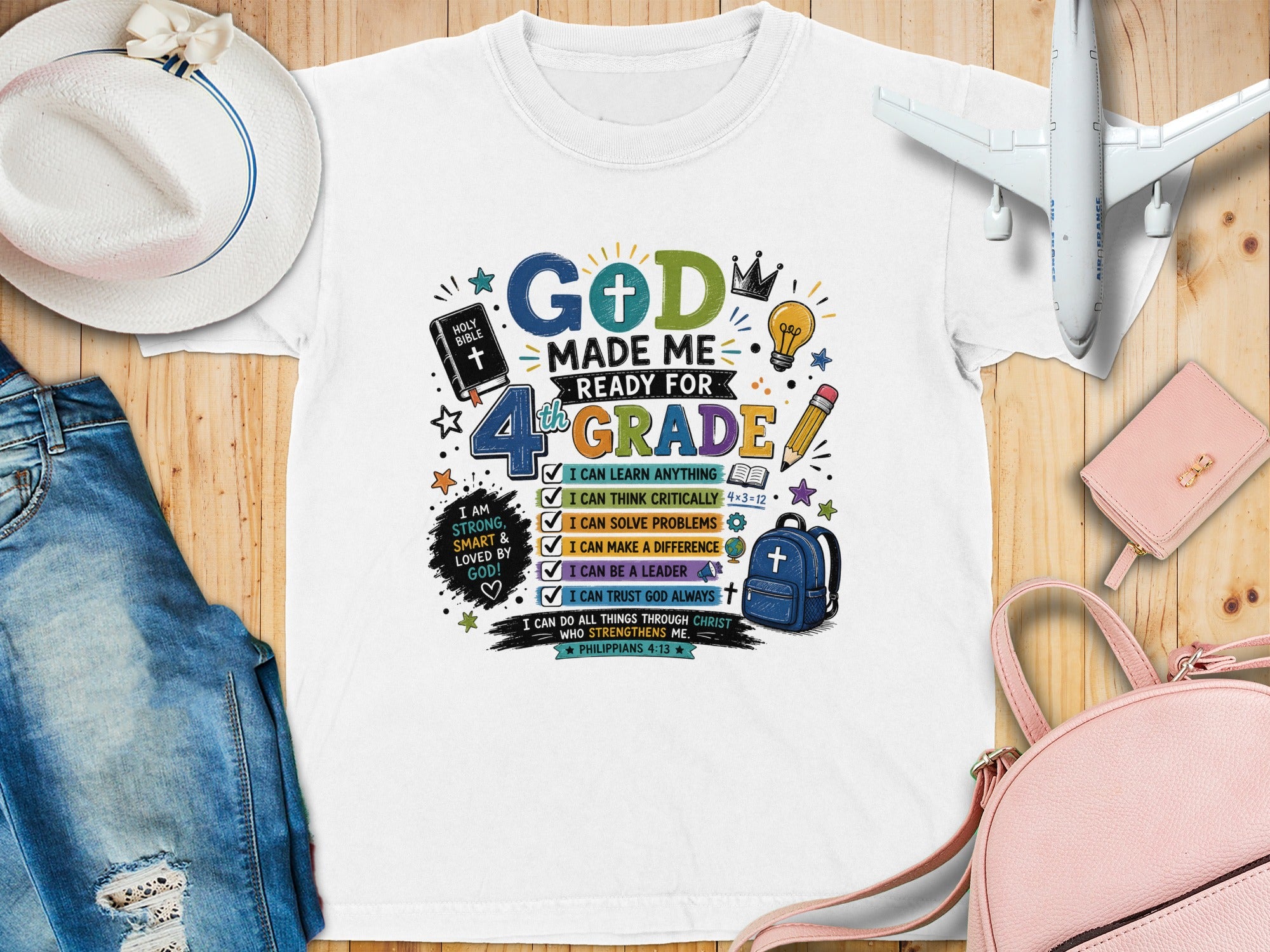 "God Made Me Ready for 4th Grade" text and affirmations on a white t-shirt.
