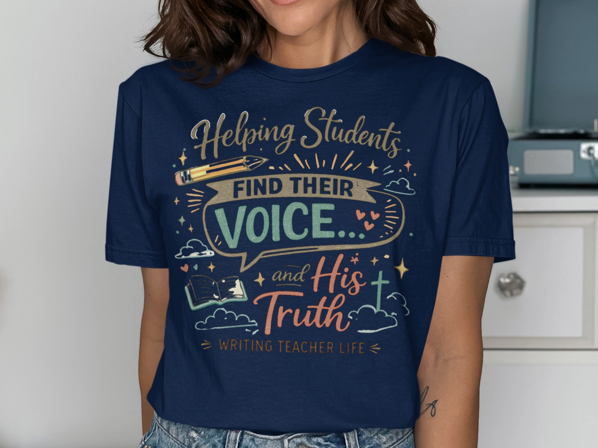 T-shirt with "Helping Students FIND THEIR VOICE and His Truth" text.