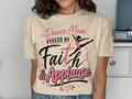 T-shirt with "Dance Mom. Fueled by Faith & Applause" text and dancer graphic.
