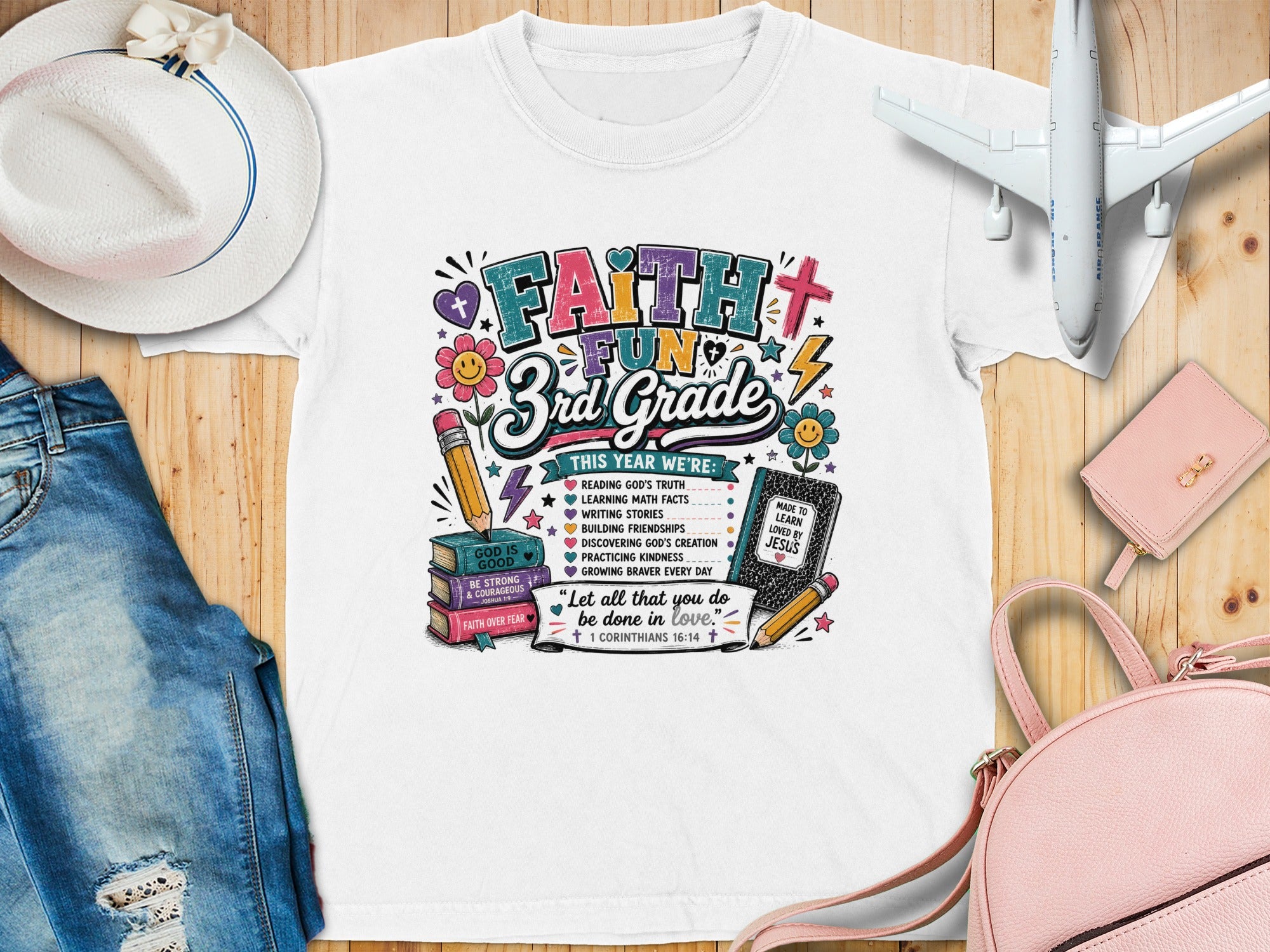 Faith, Fun, 3rd Grade t-shirt with inspirational Bible verses and school-related activities.
