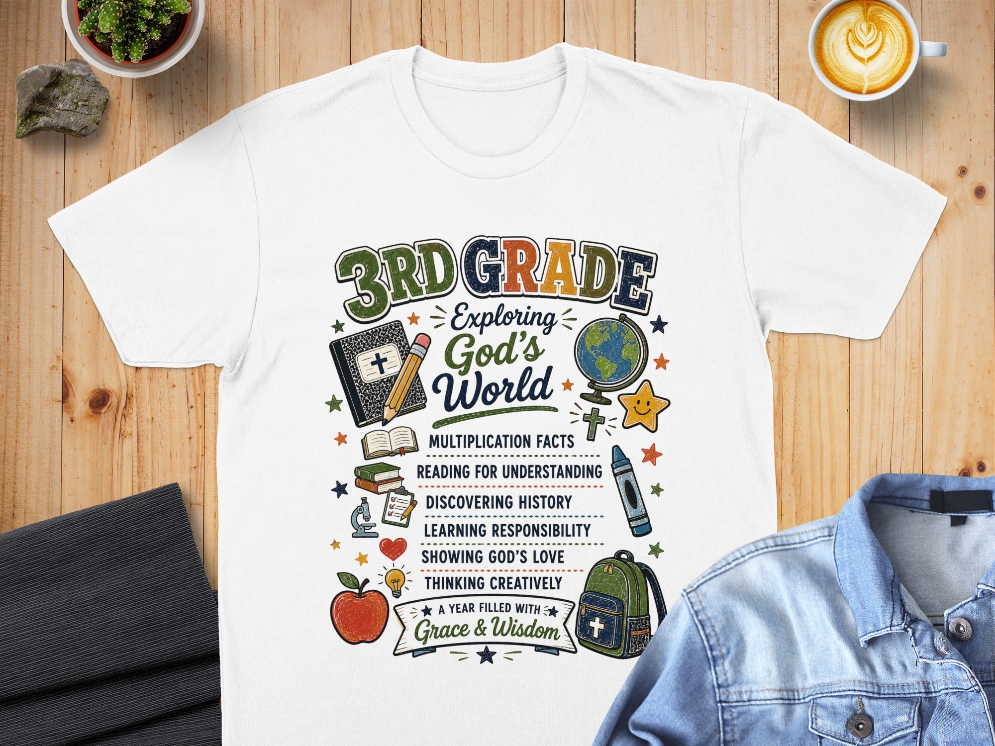 3rd Grade shirt with "Exploring God's World" and learning concepts.