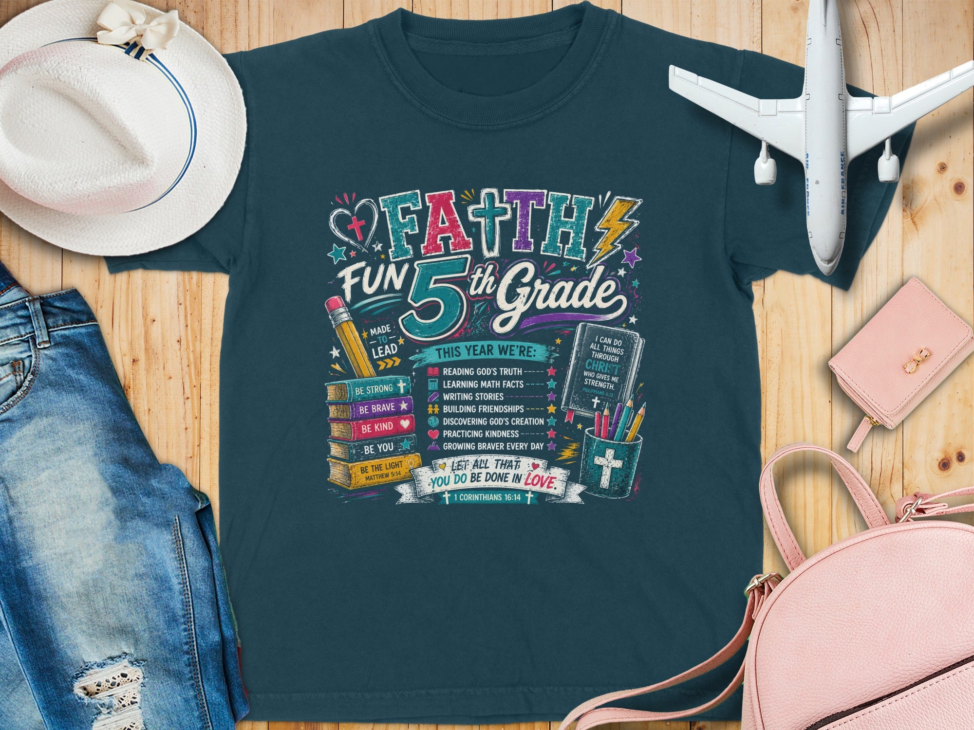 Faith 5th Grade t-shirt with Bible verses and motivational text.