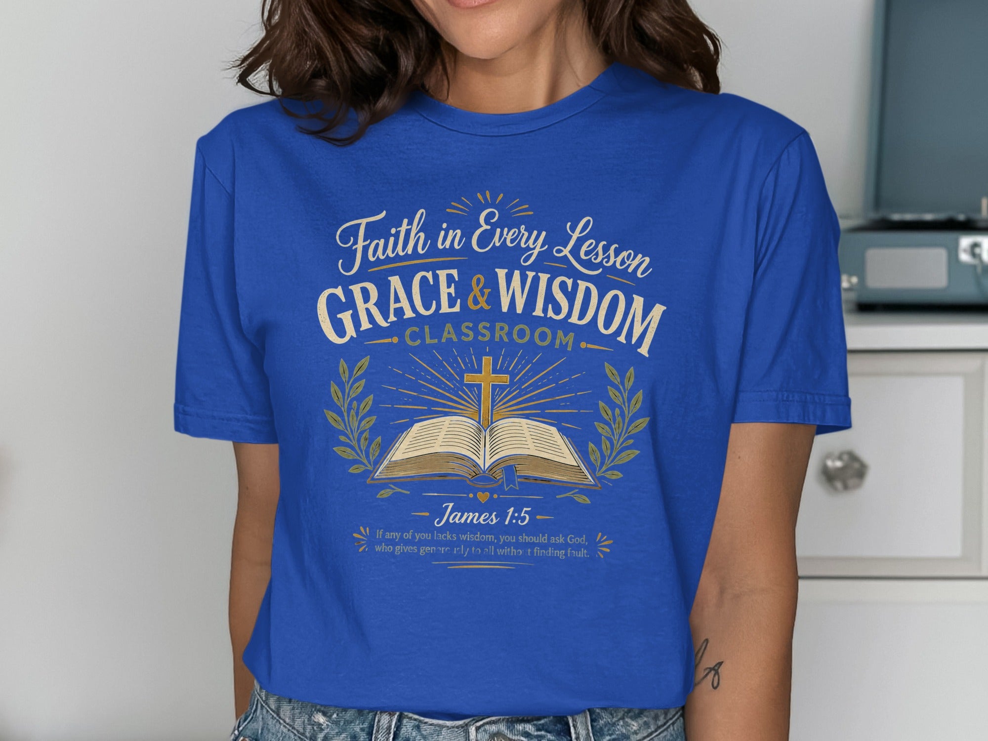 Blue t-shirt with "Faith in Every Lesson Grace & Wisdom Classroom" and Bible verse.