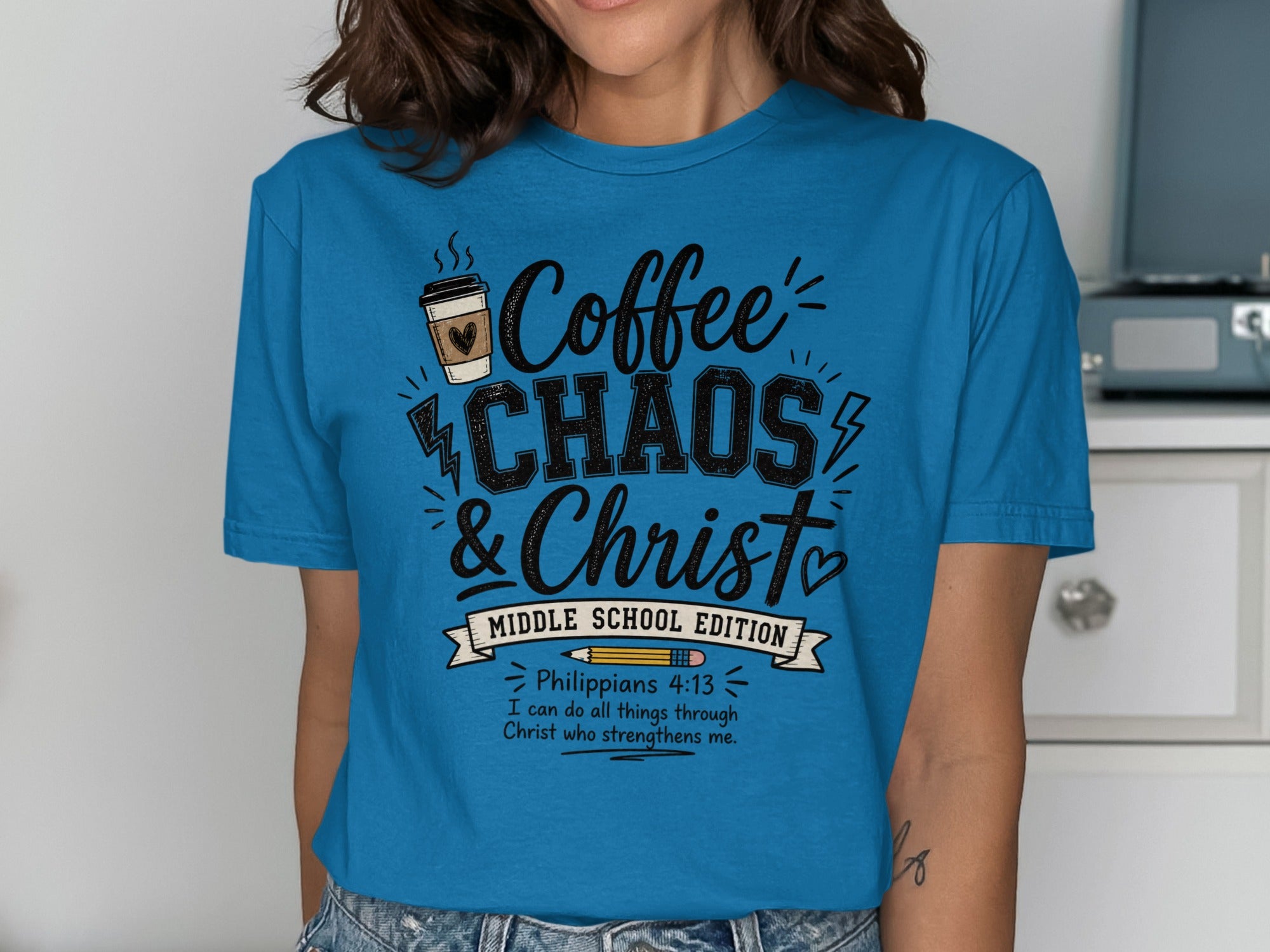 Blue t-shirt with "Coffee CHAOS & Christ" and Bible verse.