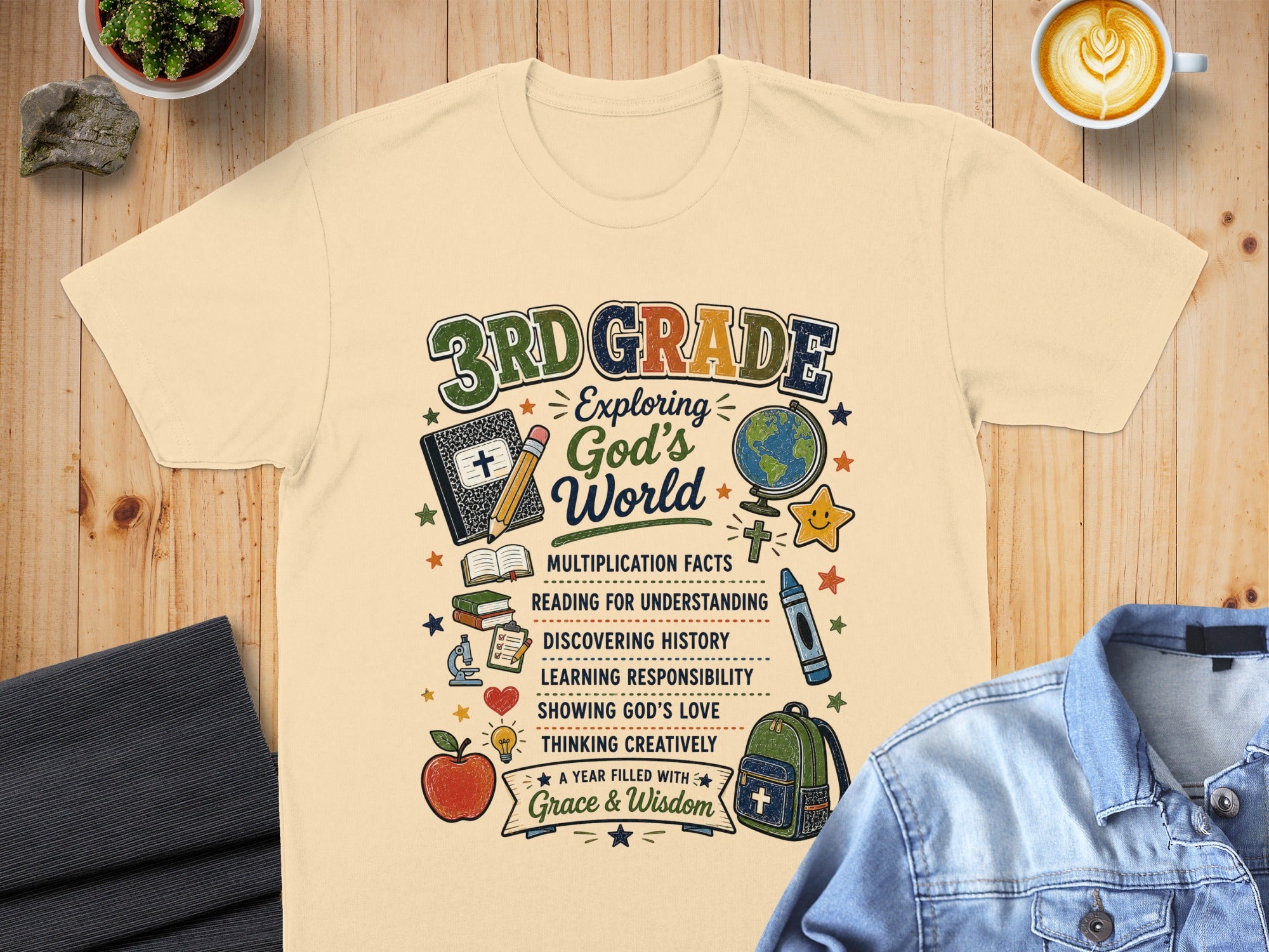 3rd Grade shirt: Exploring God's World, multiplication, reading, history, responsibility, love, creativity.
