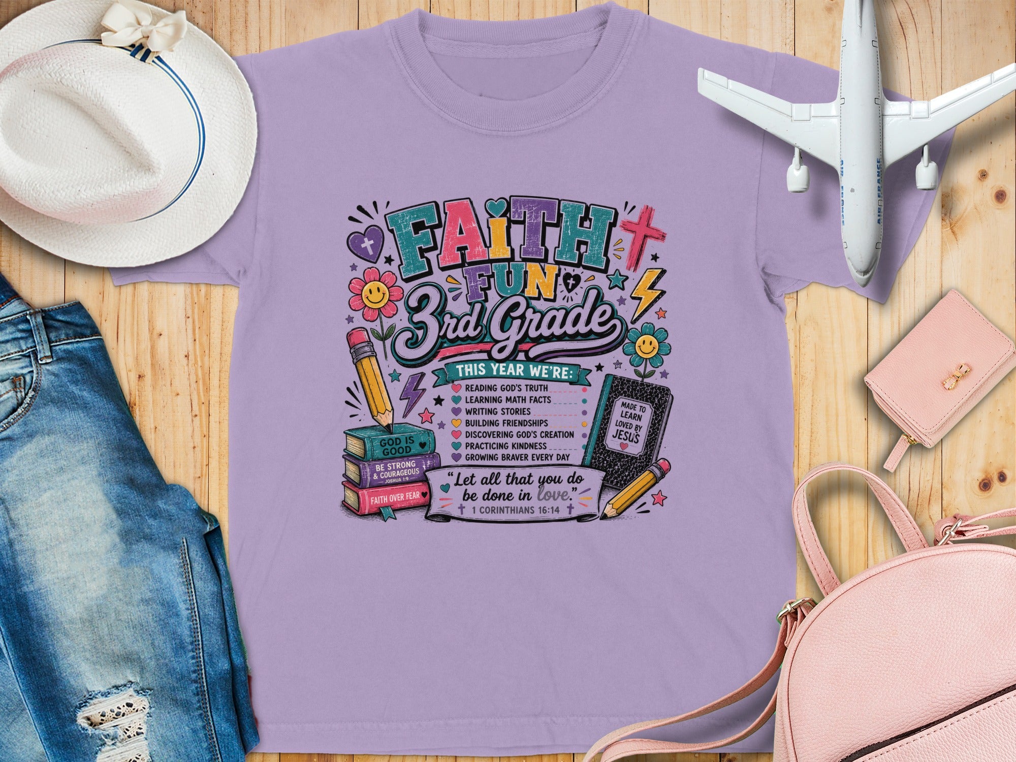 Faith and Fun 3rd Grade t-shirt with Bible verses and school themes.
