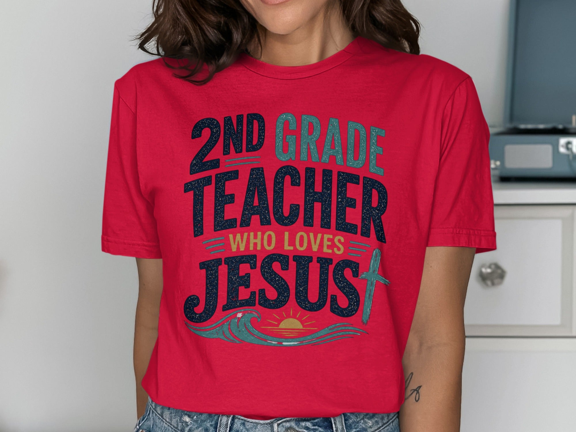 2nd Grade Teacher Who Loves Jesus t-shirt.