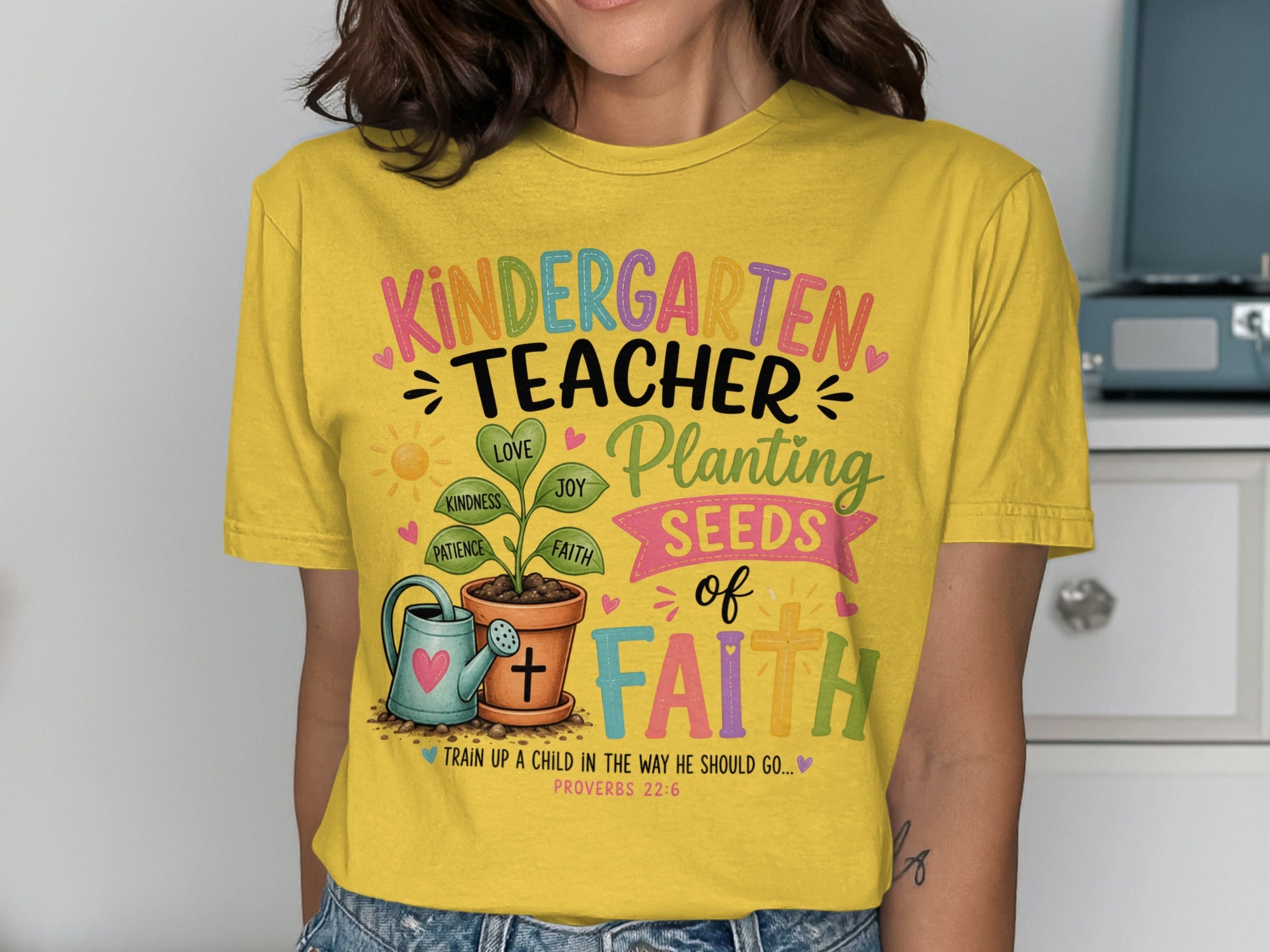 Kindergarten teacher t-shirt with "Planting Seeds of Faith" and Proverbs 22:6.