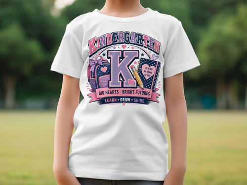 White t-shirt with "Kindergarten" graphic and school supplies.