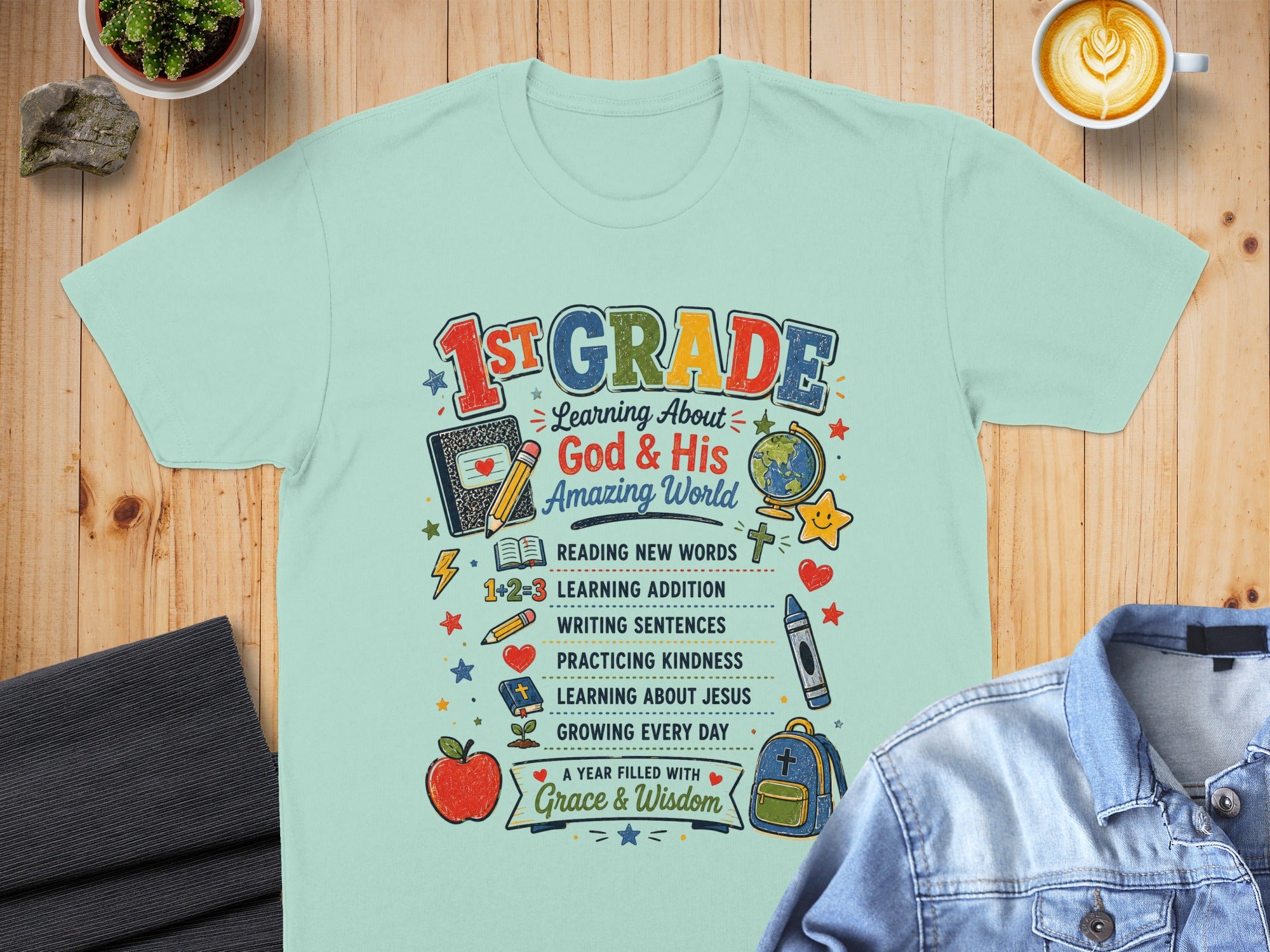 1st Grade shirt with "God & His Amazing World" and learning themes.