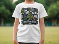 White t-shirt with "4th Grade Level Up for Success" text and school graphics.