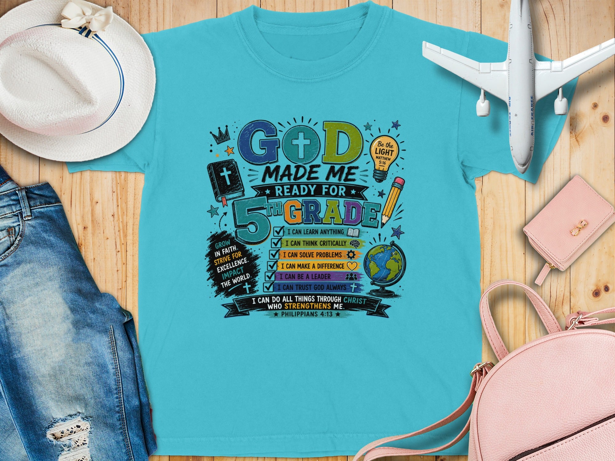 "Ready for 5th Grade" graphic tee with Bible verses and empowering messages.