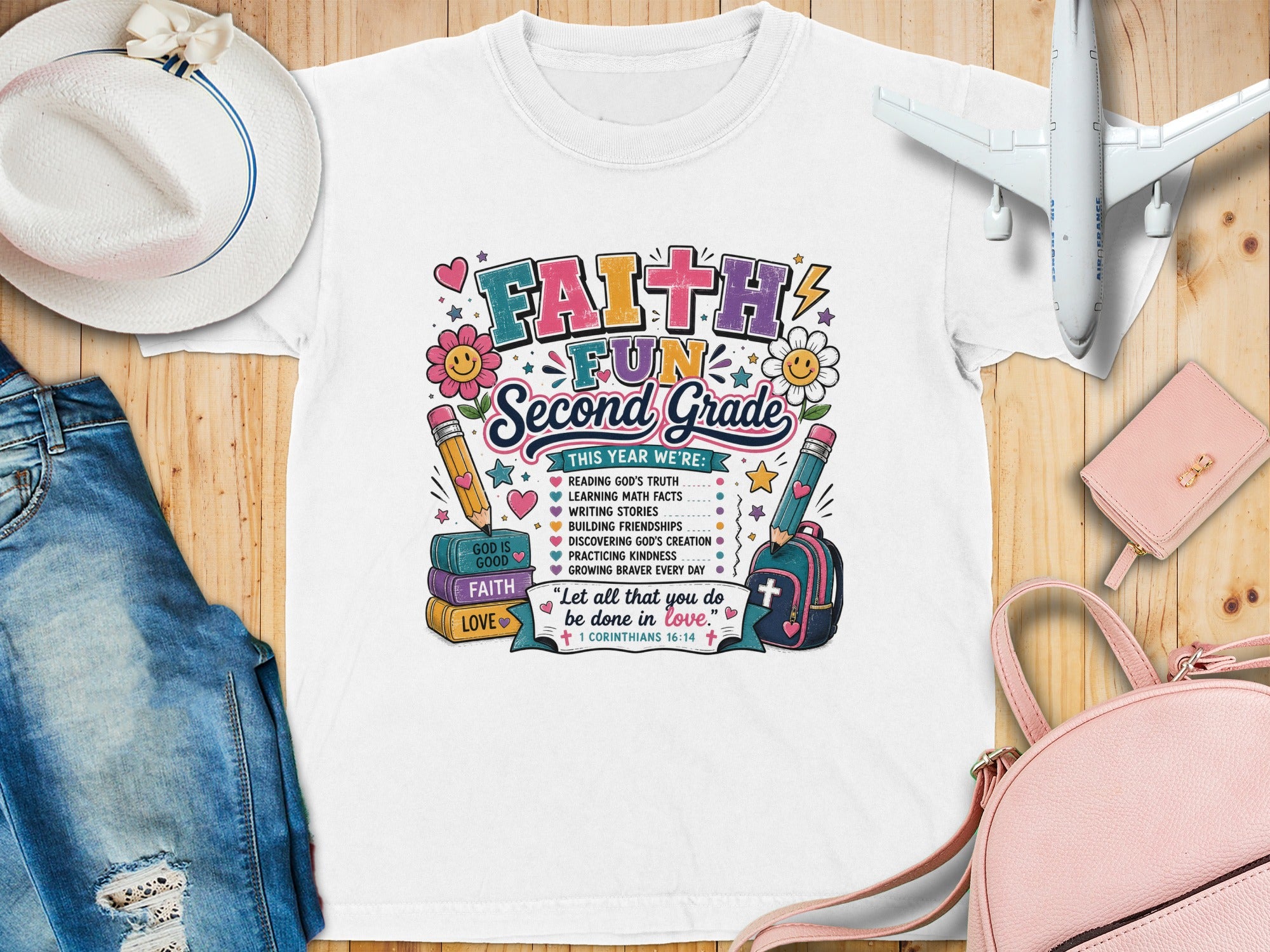 T-shirt with "Faith Fun Second Grade" graphic and Bible verse.