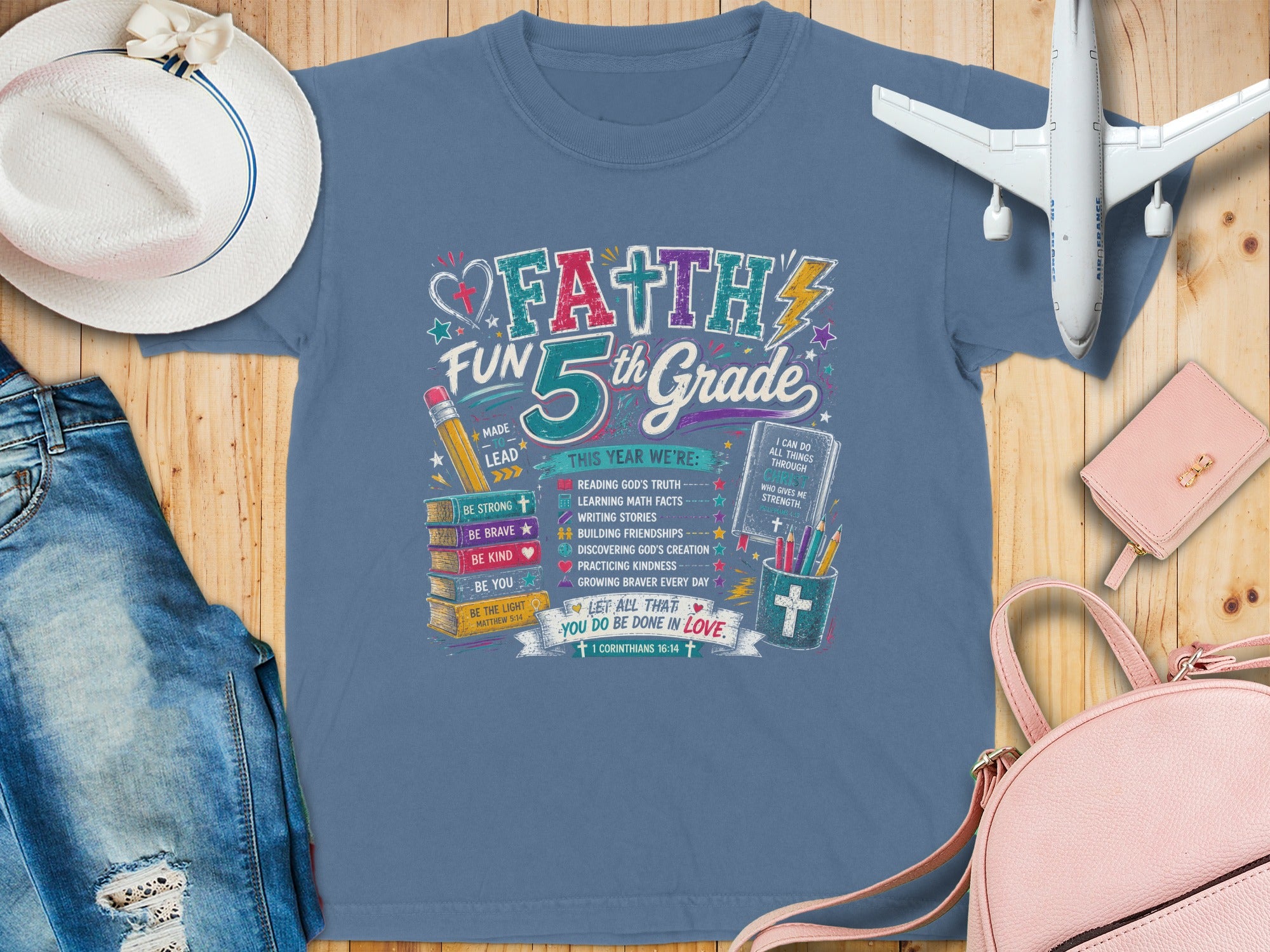 "Faith 5th Grade" t-shirt with motivational text and Bible verses.