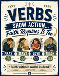 "VERBS SHOW ACTION..." poster with illustrations for Pray, Serve, Love, and Teach.