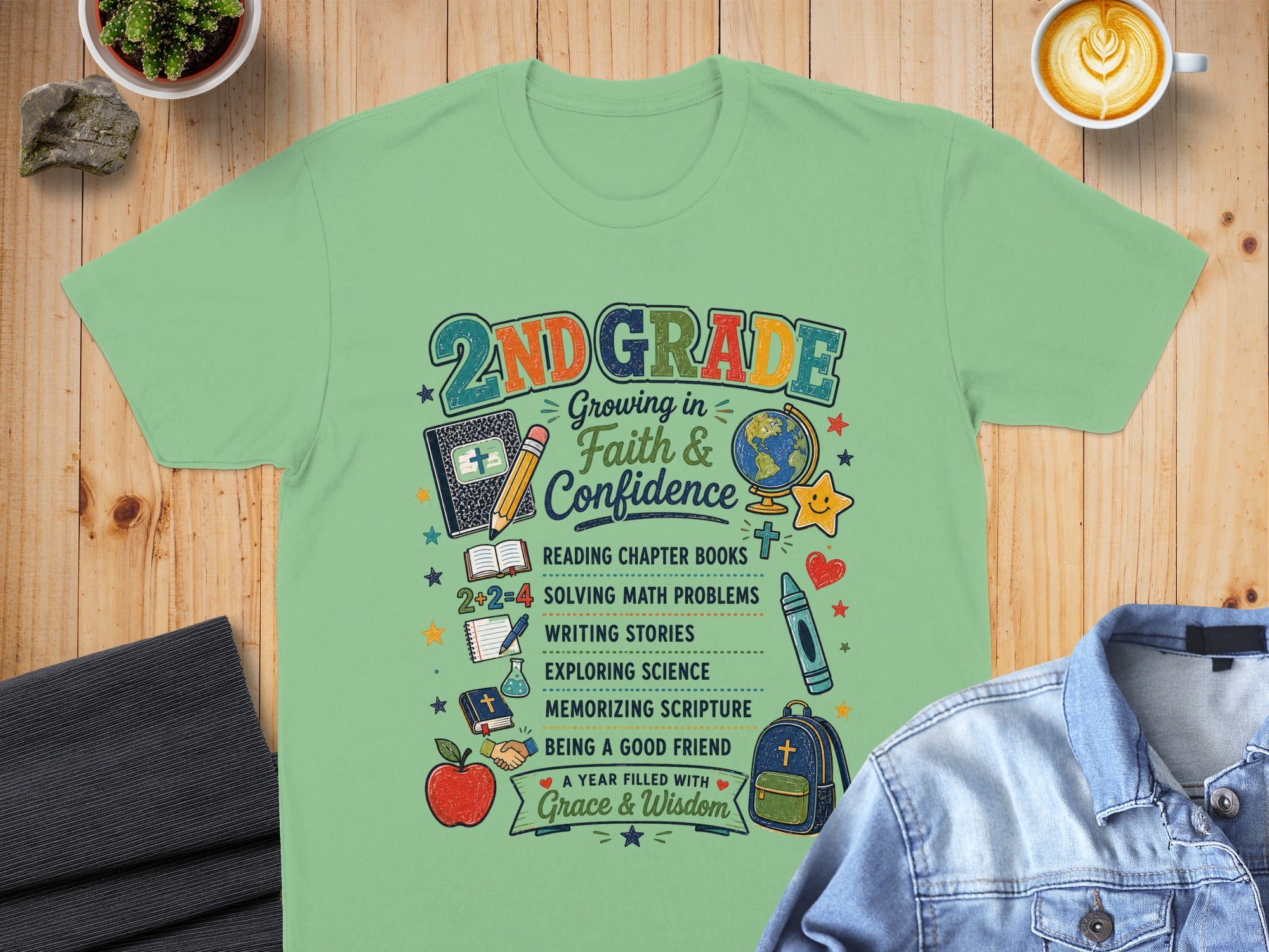 Green t-shirt with "2nd Grade Faith & Confidence" and school-themed graphics.