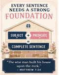 Diagram shows Subject + Predicate equals Complete Sentence with biblical quote.