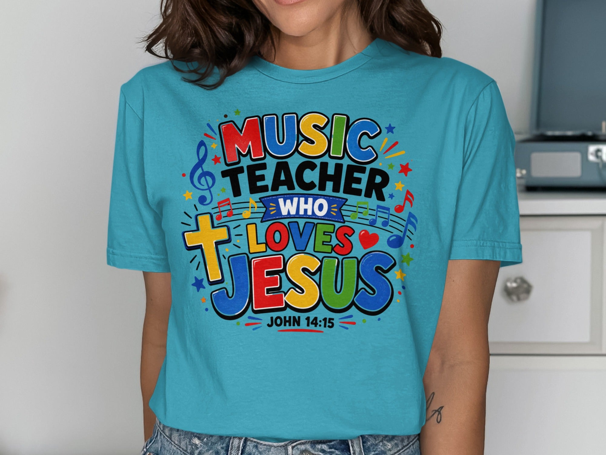T-shirt with "Music Who Loves Jesus" and John 14:15.