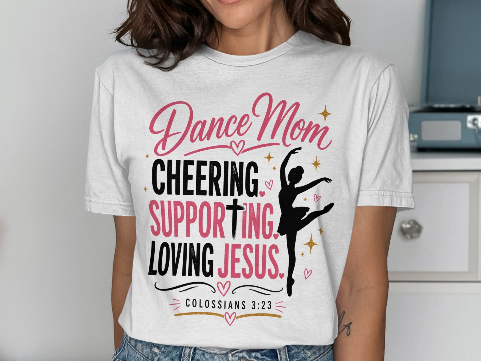 White t-shirt with "Dance Mom" graphic and ballerina silhouette.