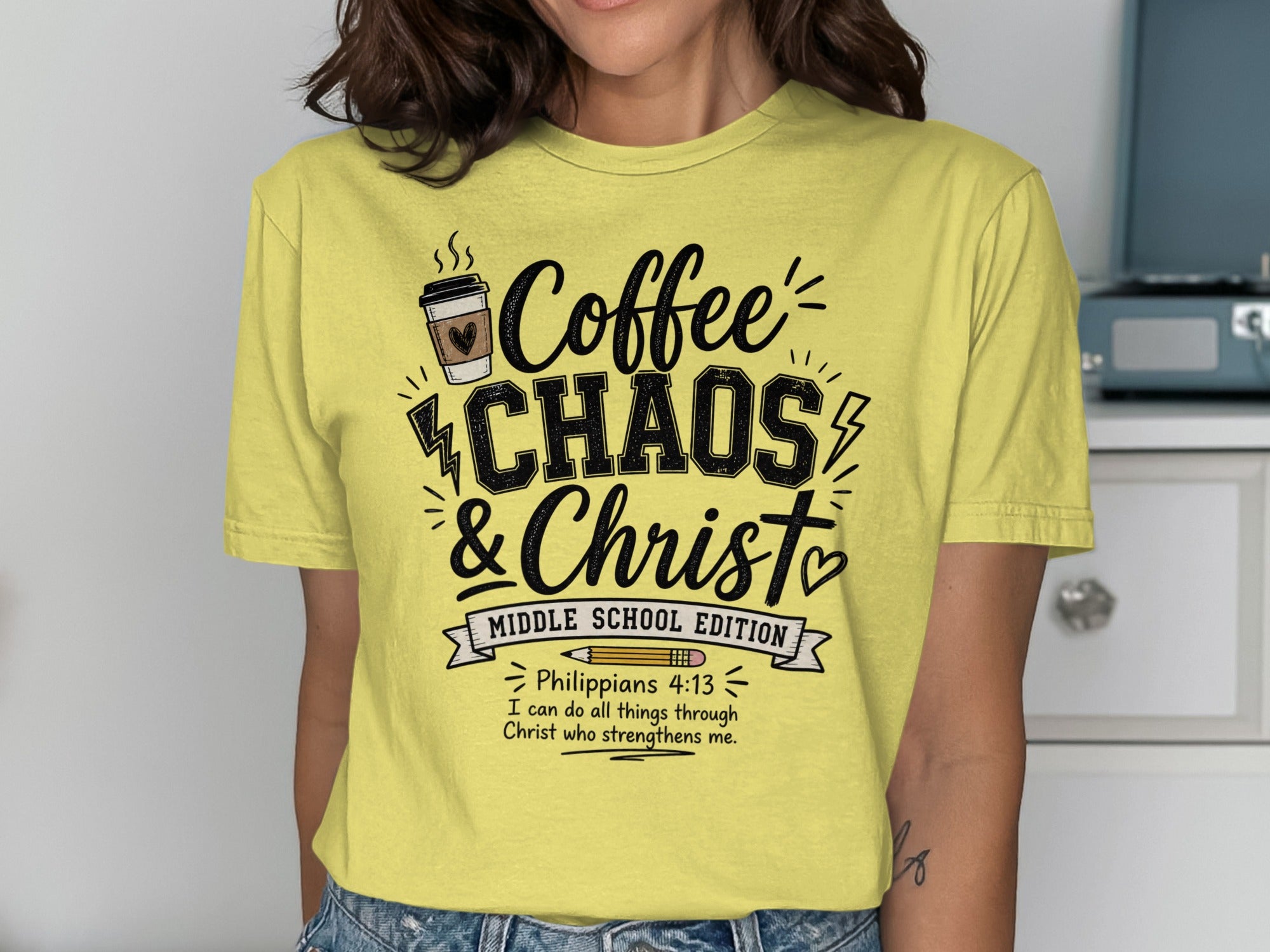 Yellow t-shirt with "Coffee, Chaos & Christ" and Philippians 4:13.