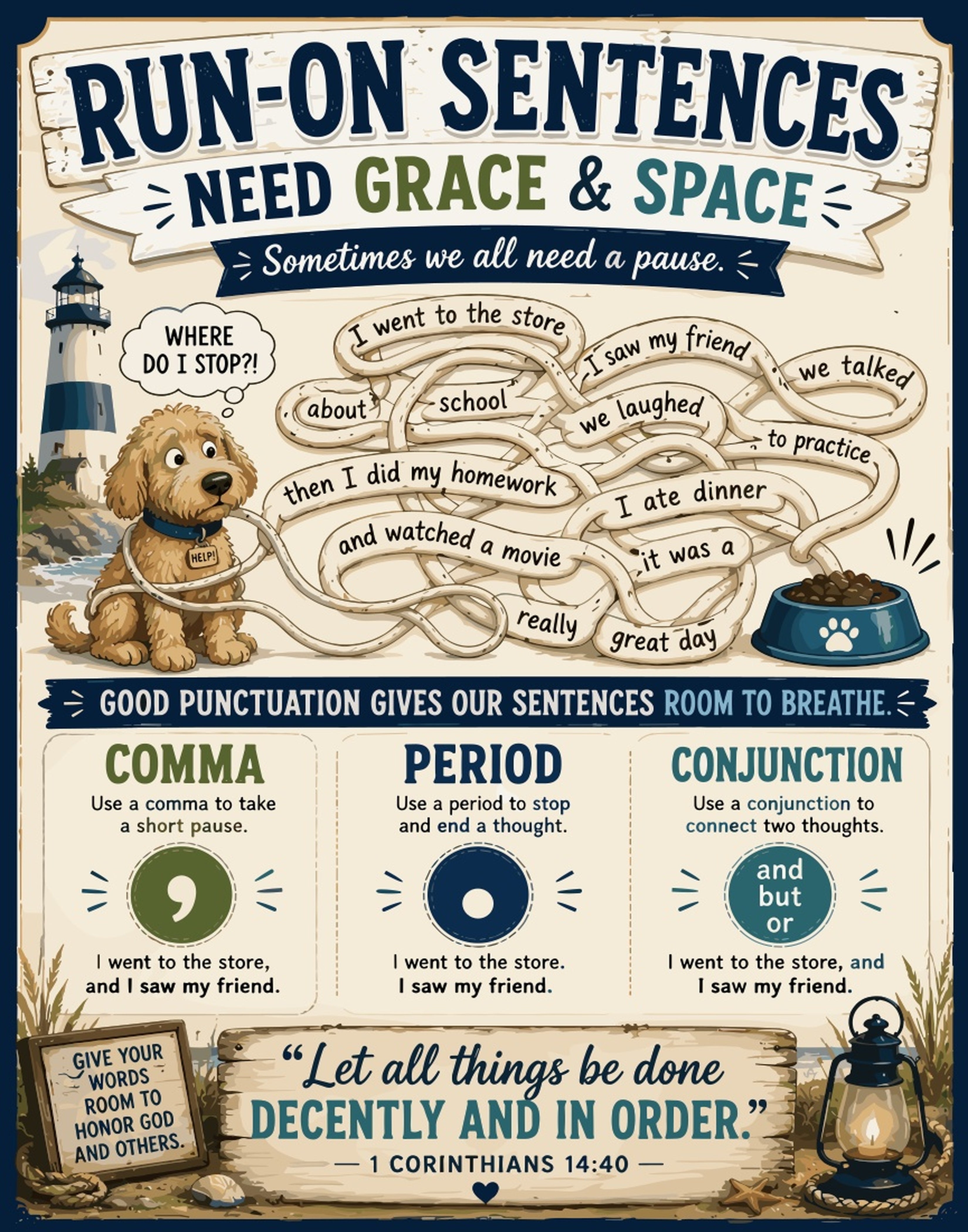 Poster illustrating run-on sentences, punctuation, and proper sentence structure with a dog and lighthouse.