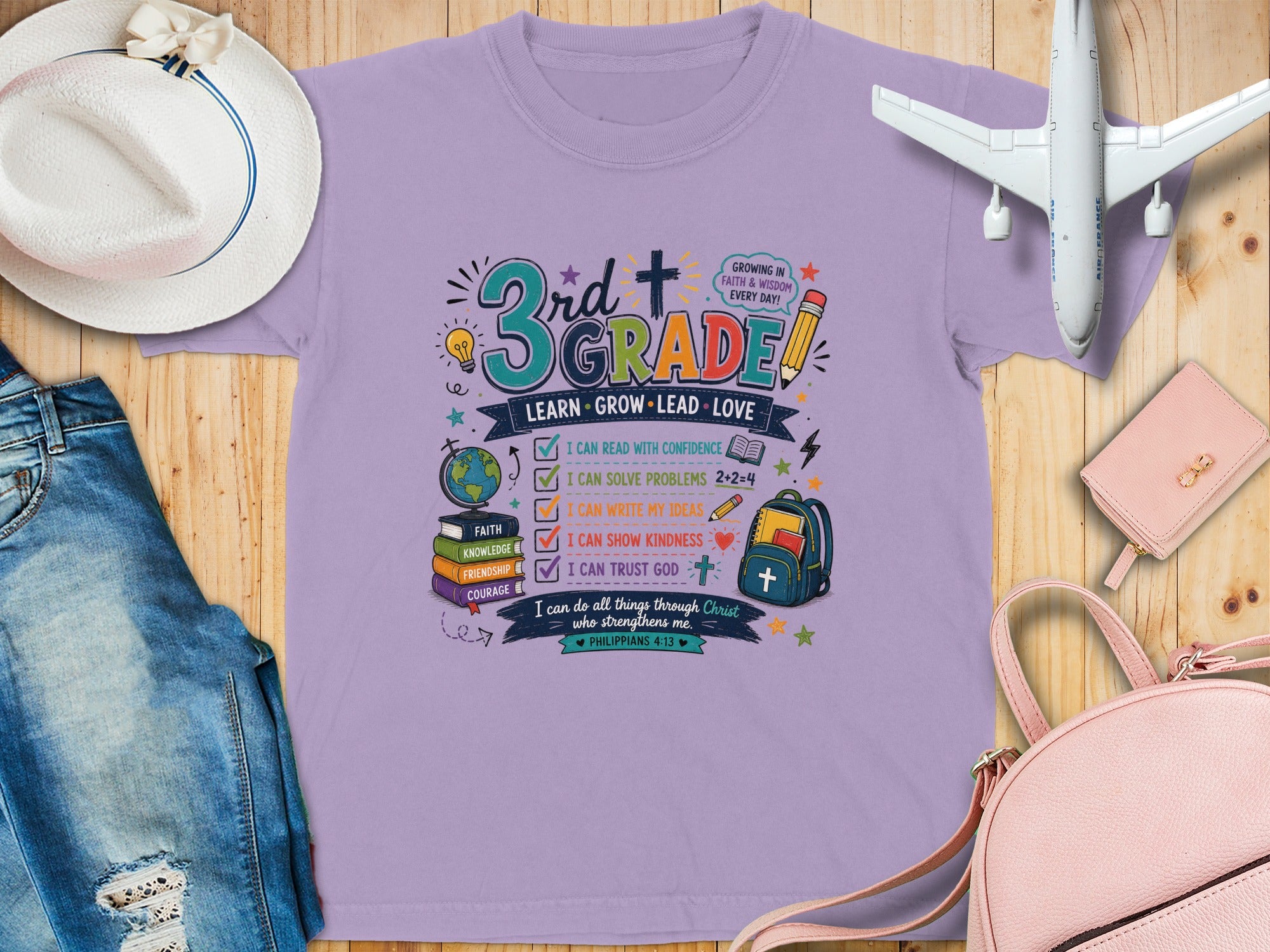 Purple t-shirt with "3rd Grade" graphic, encouraging phrases, and Philippians 4:13.