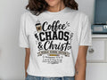 White t-shirt with "Coffee & Chaos & Christ" and Philippians 4:13.