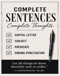 Poster with "Complete Sentences Complete Thoughts" and a checklist for sentence structure.