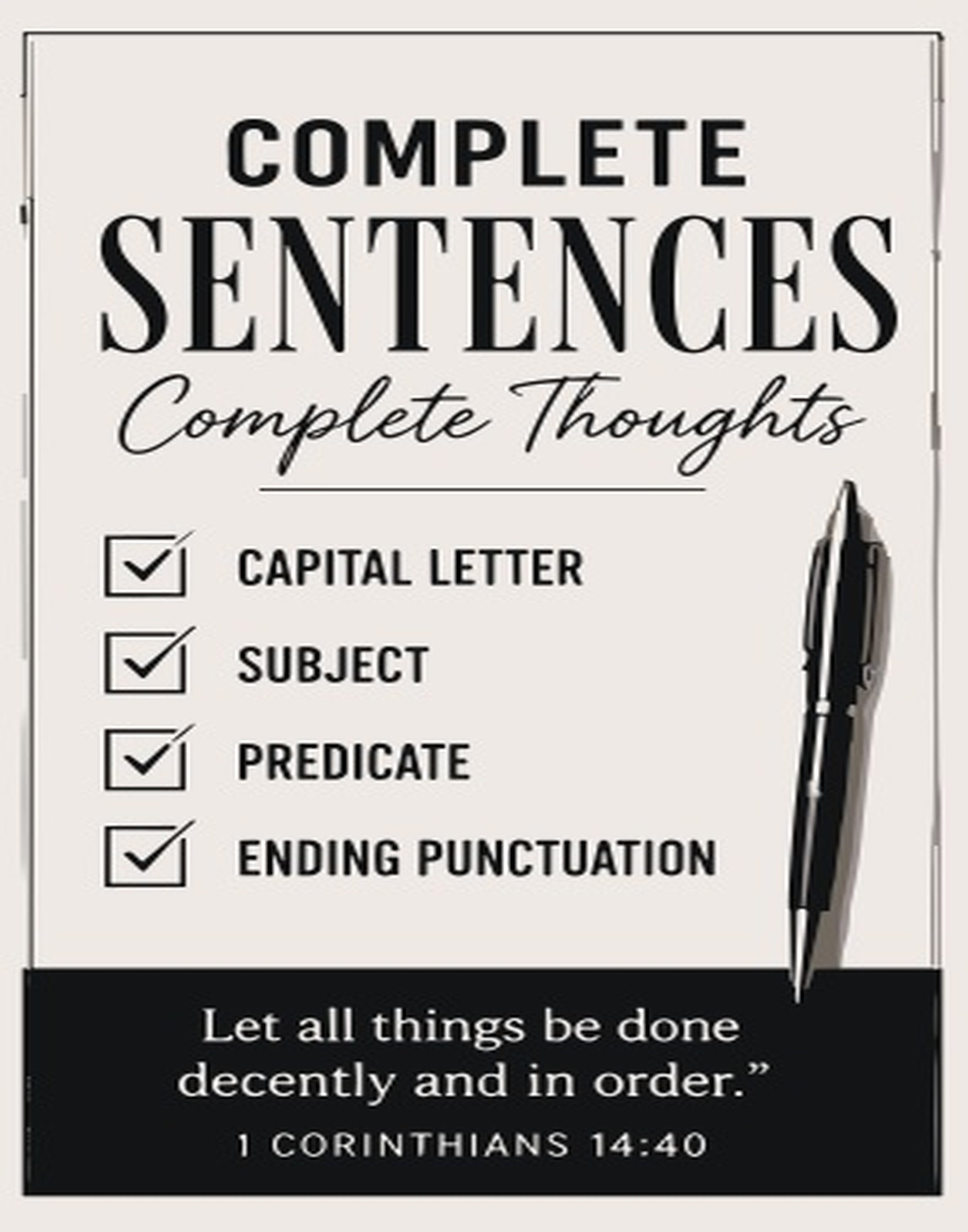 Poster with "Complete Sentences Complete Thoughts" and a checklist for sentence structure.