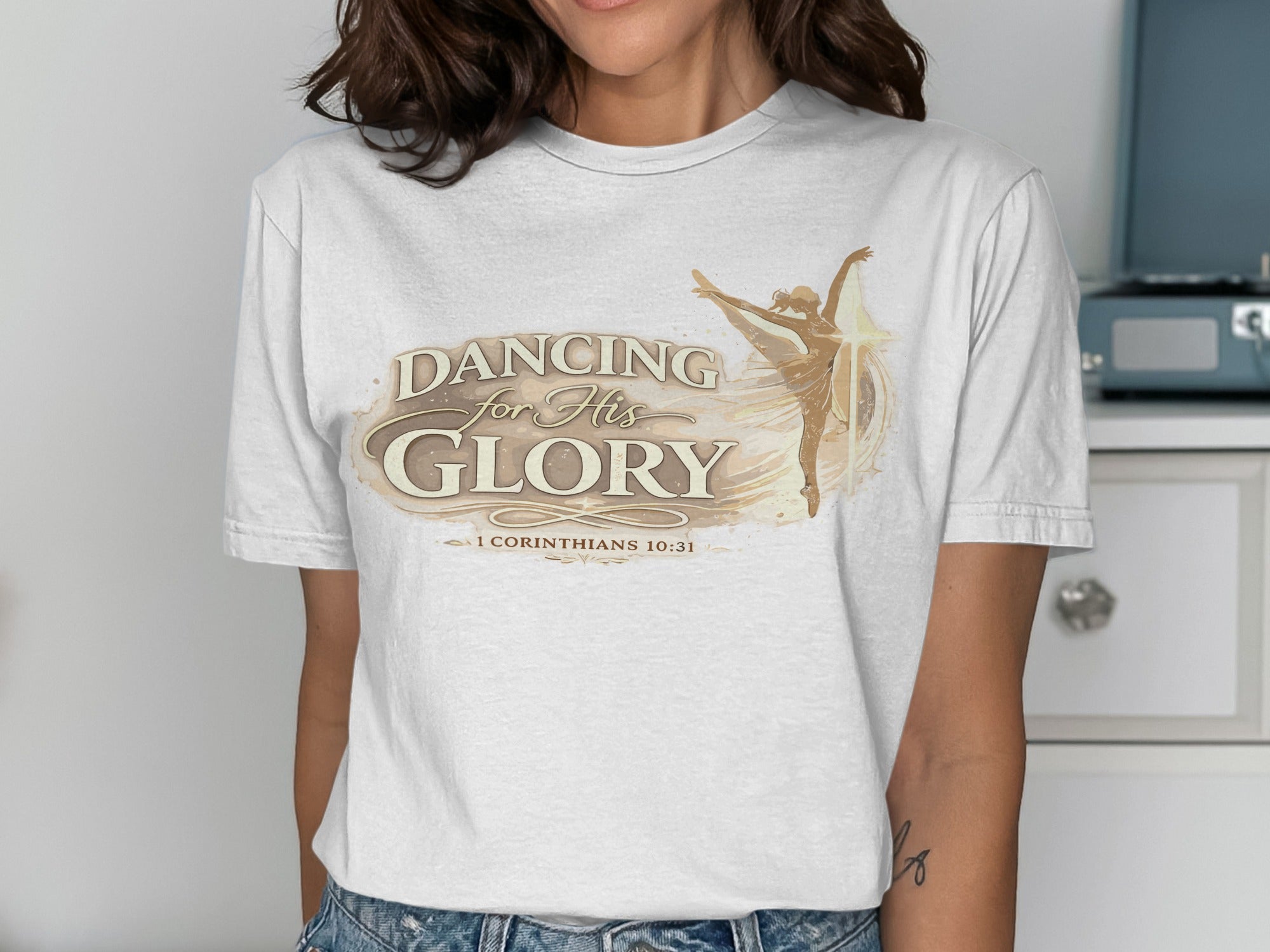 T-shirt with "Dancing For His Glory" and Bible verse 1 Corinthians 10:31.