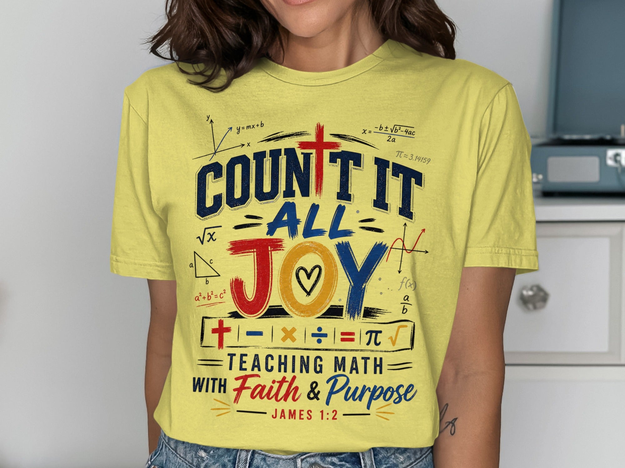 Yellow t-shirt with "Count It All Joy - Teaching Math with Faith & Purpose" text.