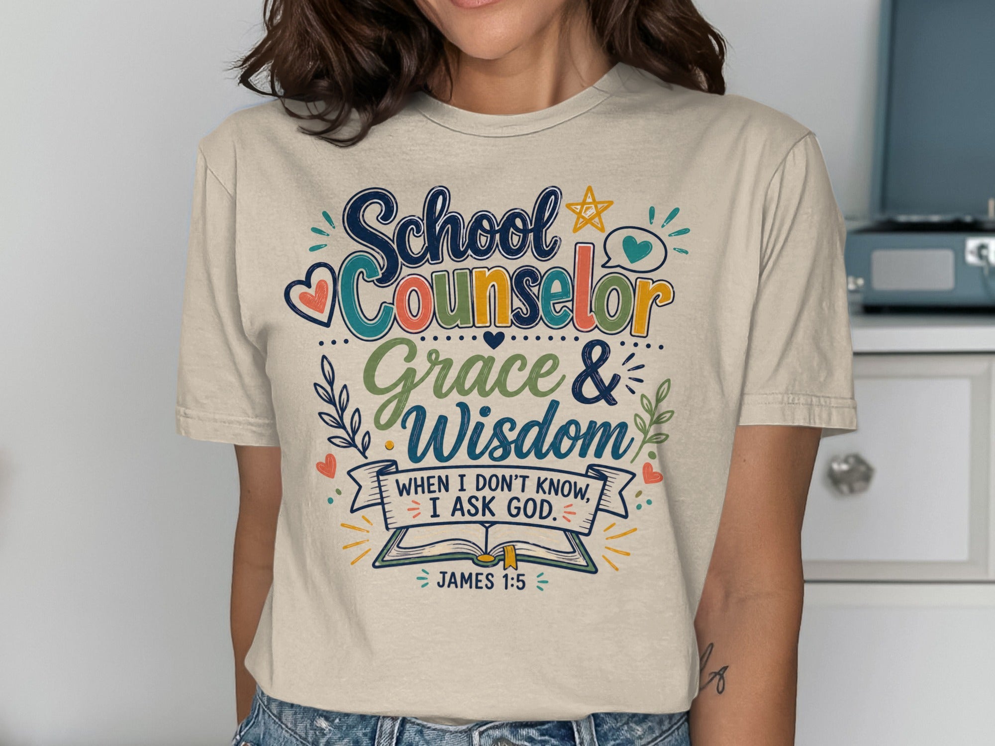 School Counselor graphic tee with "Grace & Wisdom" and James 1:5 verse.