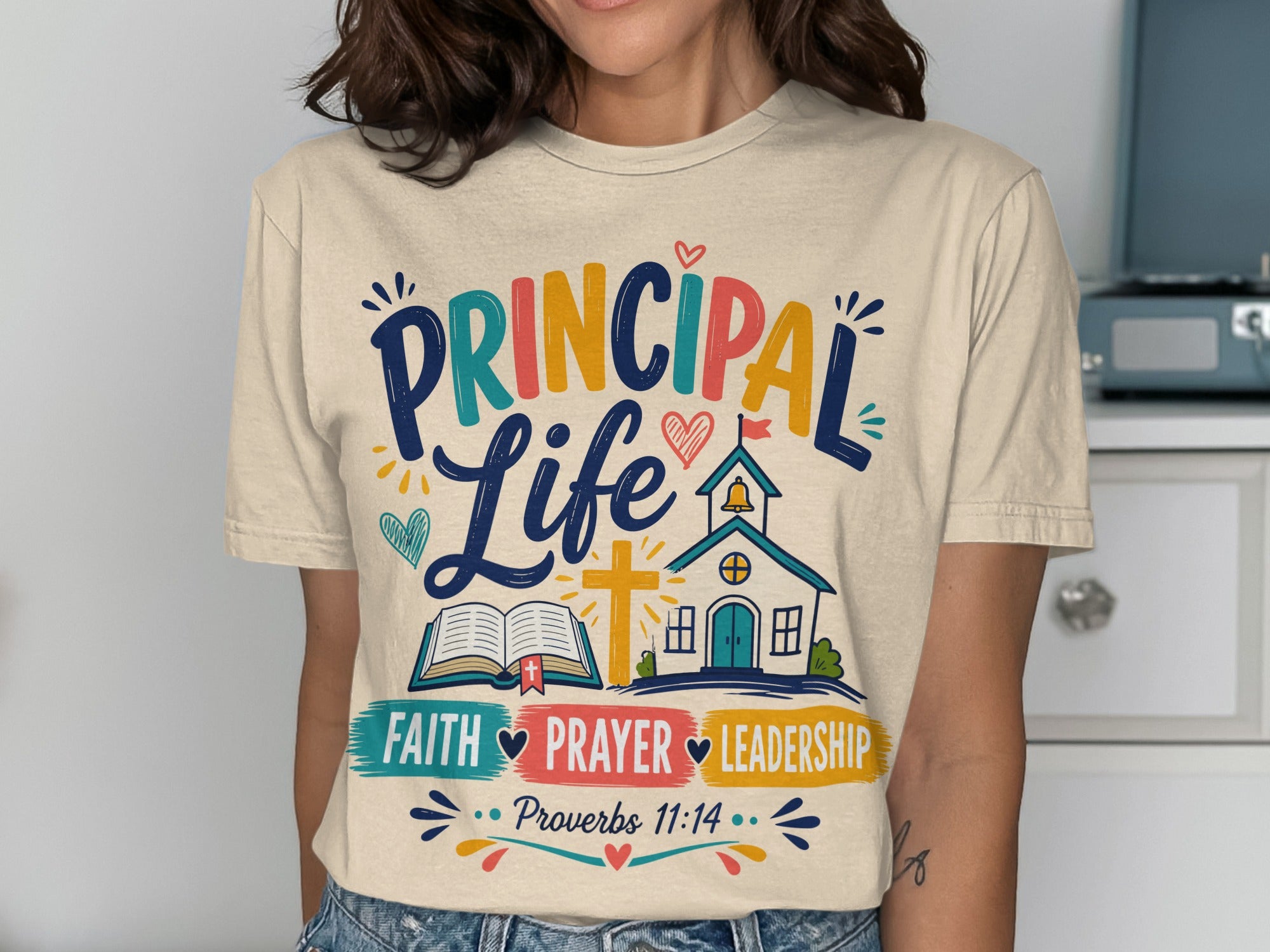 Principal Life graphic with book, church, hearts, and text "Faith, Prayer, Leadership."