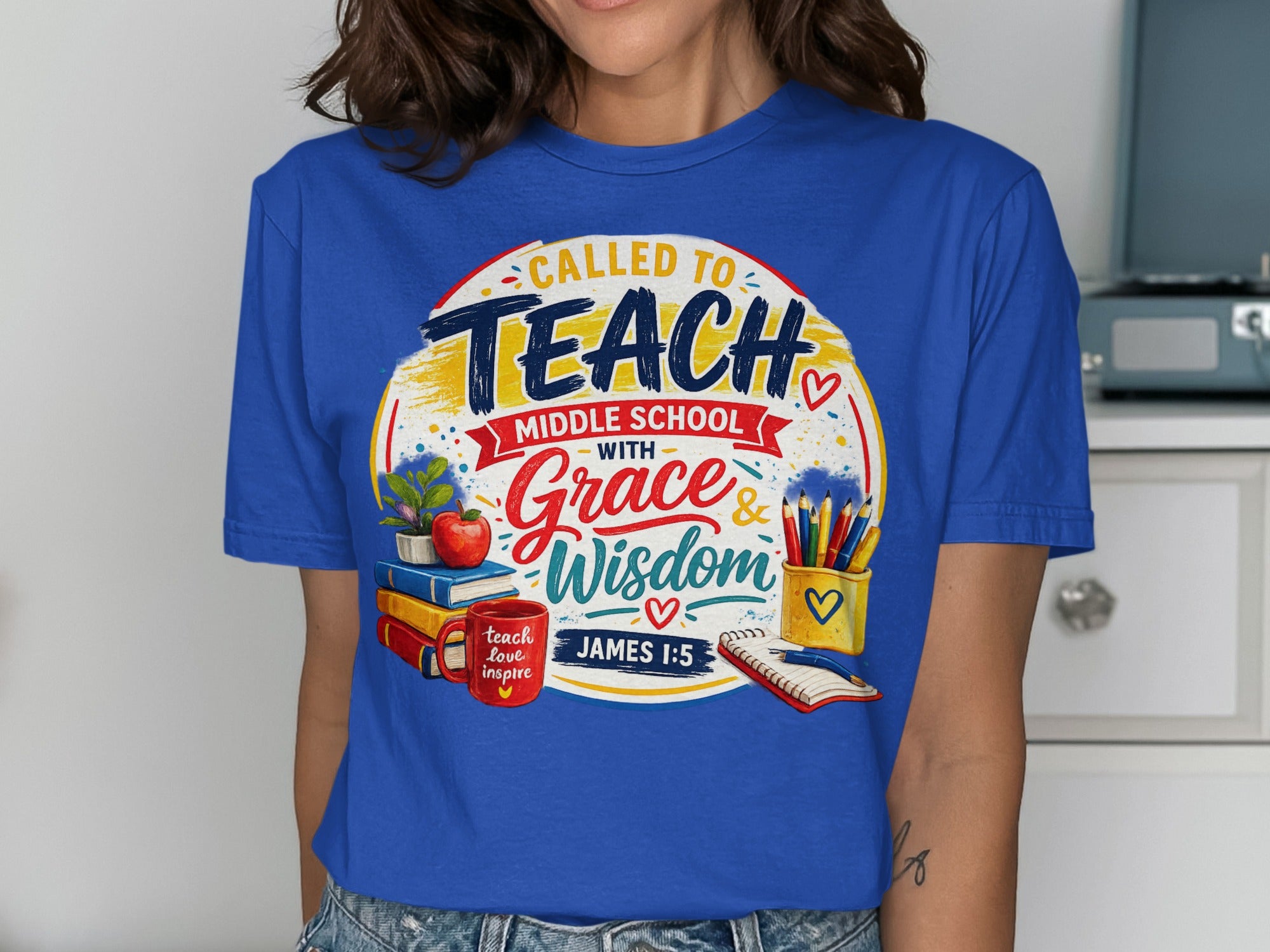 Blue t-shirt with "CALLED TO TEACH MIDDLE SCHOOL" text and school supplies.