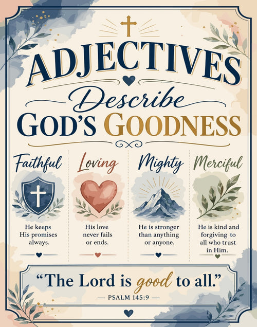 Adjectives describe God's goodness: Faithful, Loving, Mighty, Merciful with scripture.