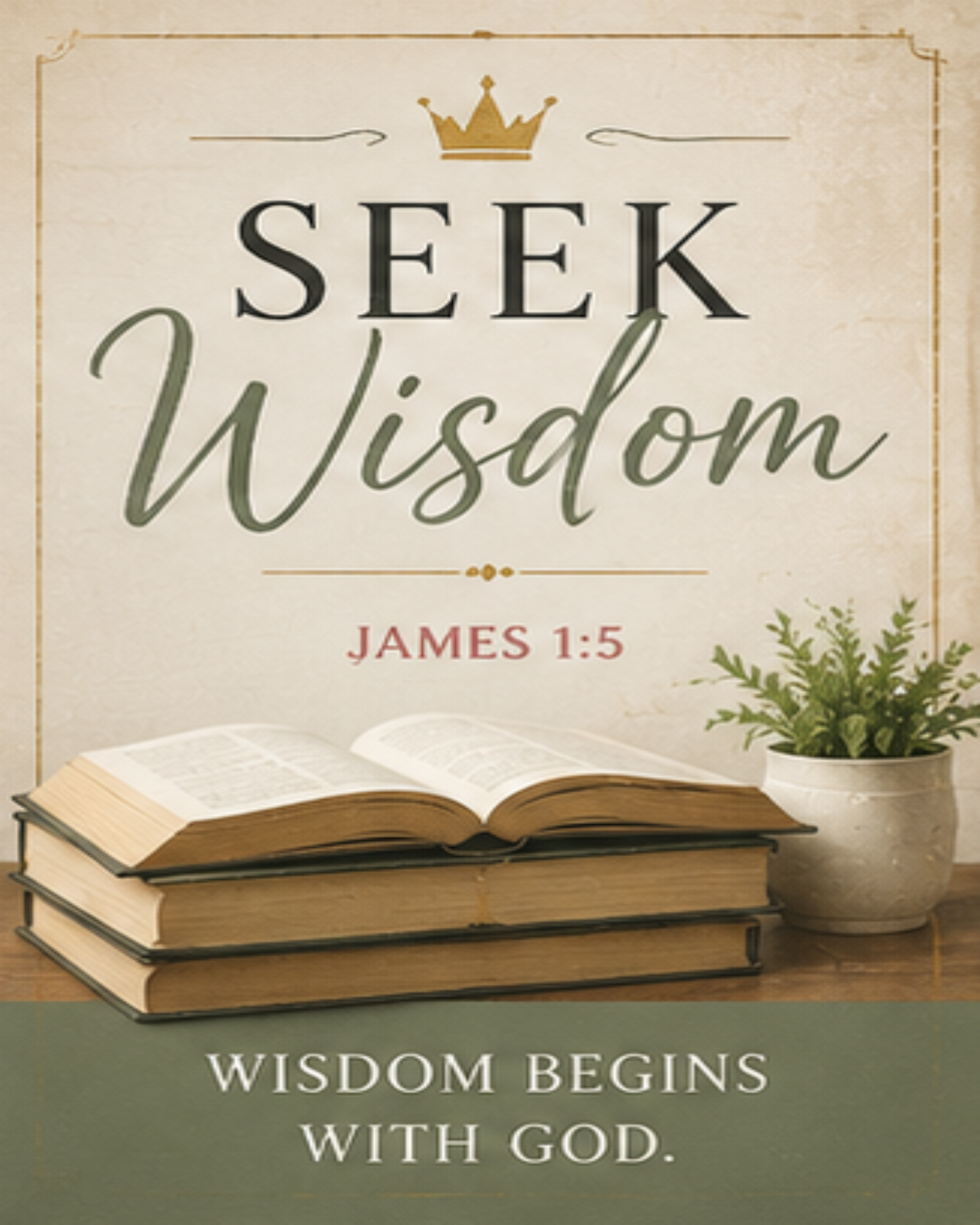 Seek Wisdom James 1:5, stacked books, and plant.