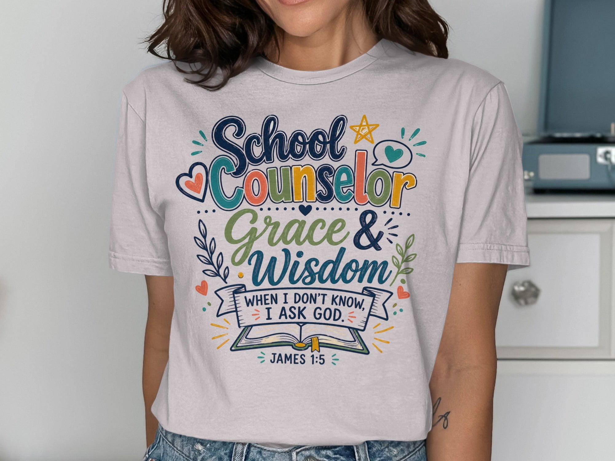 T-shirt with "School Counselor Grace & Wisdom" and James 1:5 Bible verse.