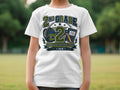 "2nd Grade Built for Greatness" t-shirt with backpack and notebook graphic.